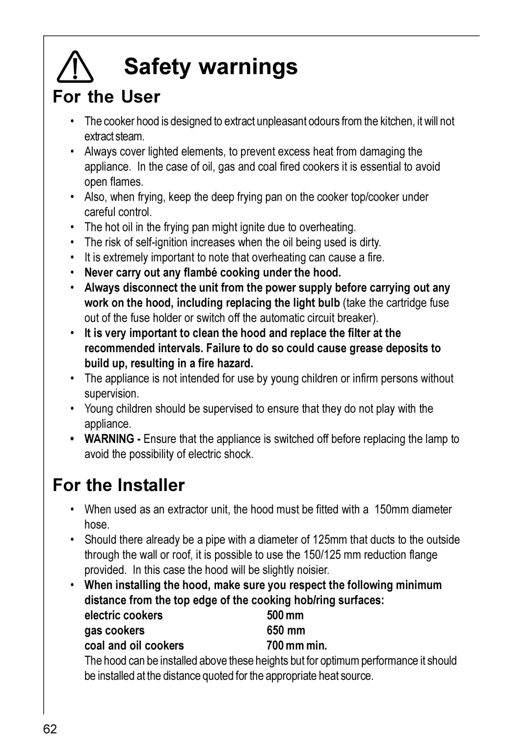 Electrolux 8820 installation instructions Safety warnings, For the User, For the Installer 