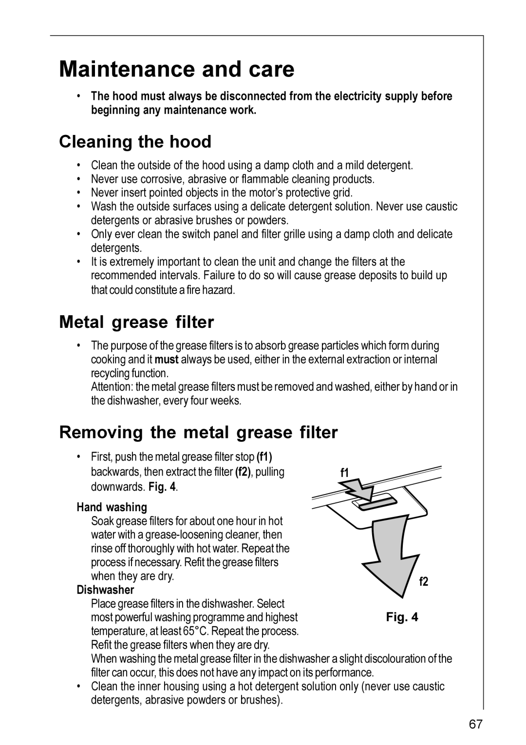 Electrolux 8820 Maintenance and care, Cleaning the hood, Metal grease filter, Removing the metal grease filter 