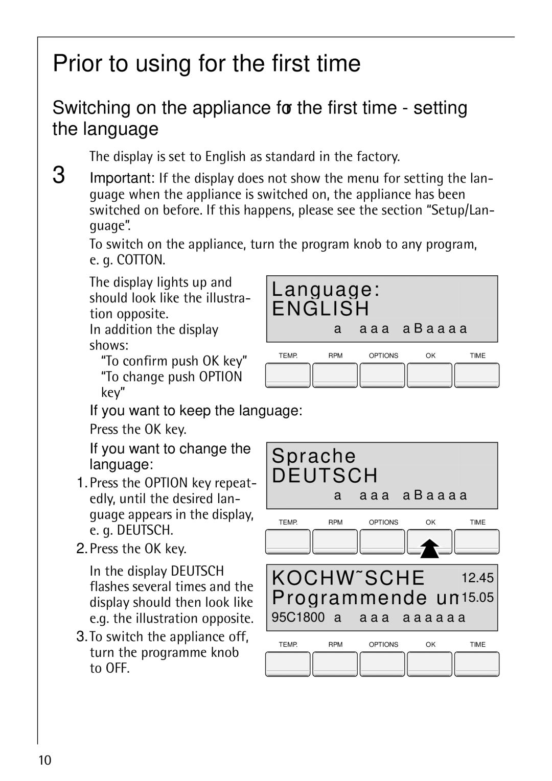 Electrolux 88810 manual Prior to using for the first time, N g u a g e, R a c h e, Programmende um 