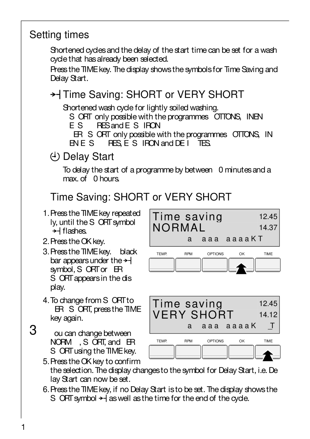 Electrolux 88810 manual Time saving, Setting times, Time Saving Short or Very Short, Delay Start 