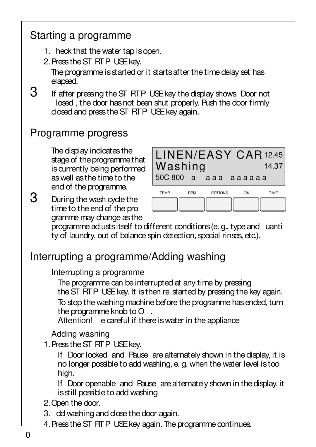 Electrolux 88810 manual Washing, Starting a programme, Programme progress, Interrupting a programme/Adding washing 