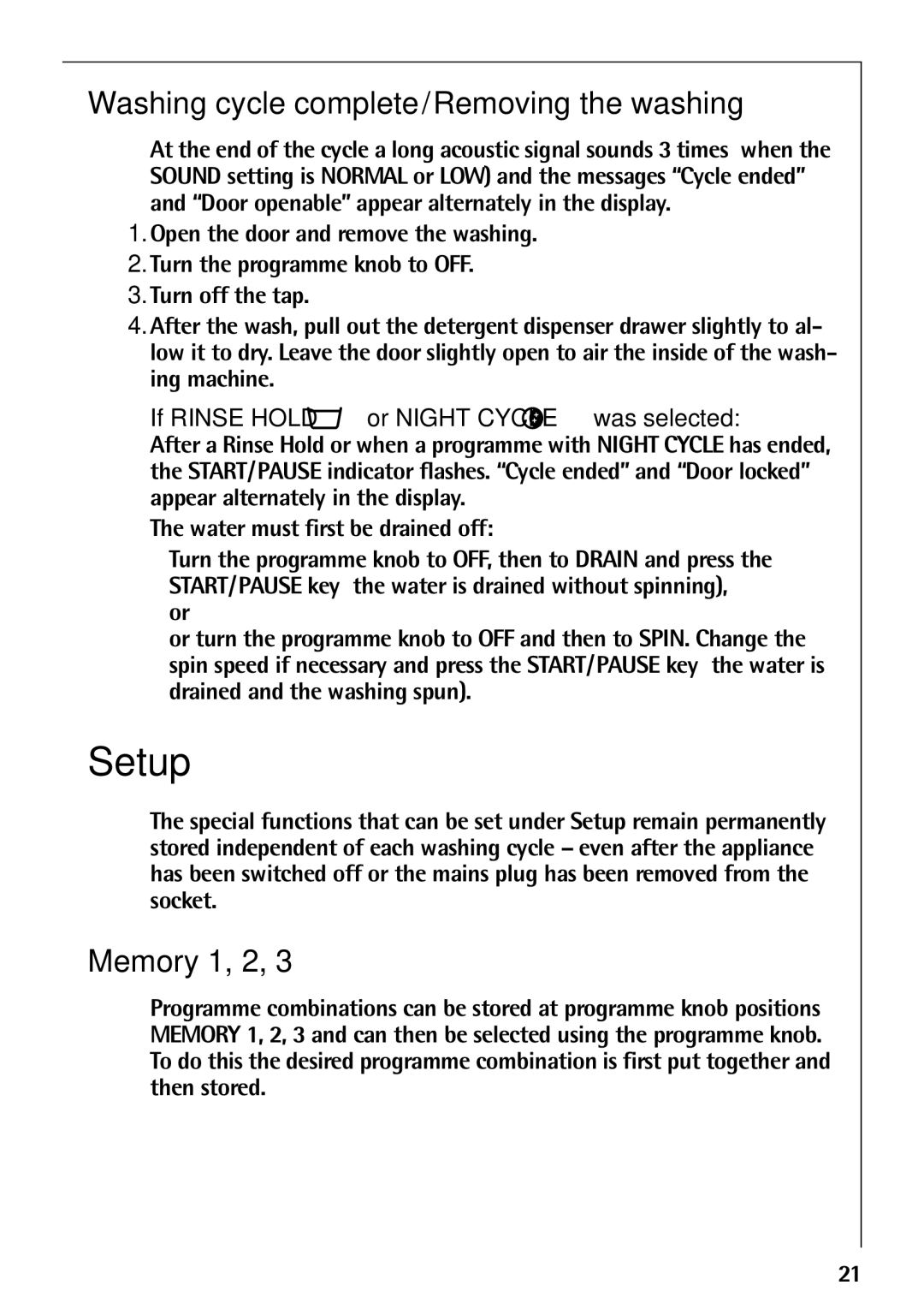 Electrolux 88810 manual Setup, Washing cycle complete/Removing the washing, Memory 1, 2 