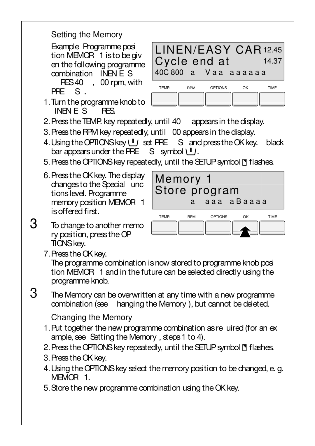 Electrolux 88810 manual Memory Store program, Setting the Memory, Changing the Memory 