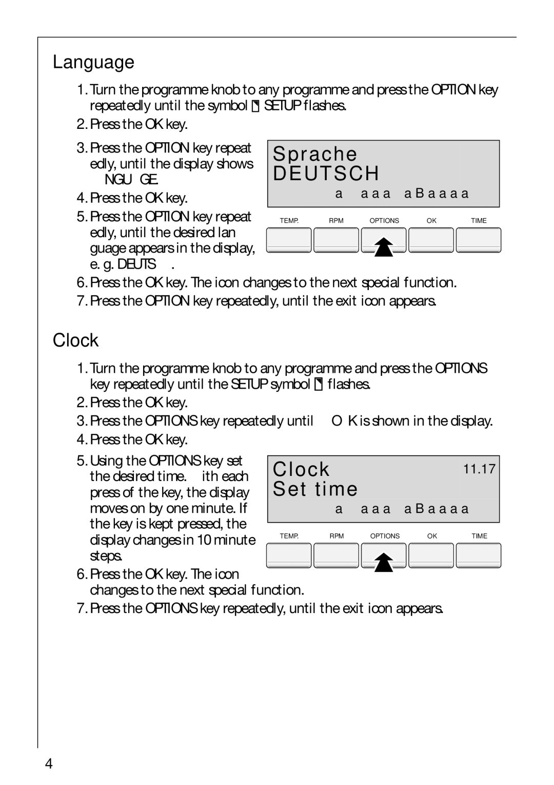 Electrolux 88810 manual Set time, Language, Clock 