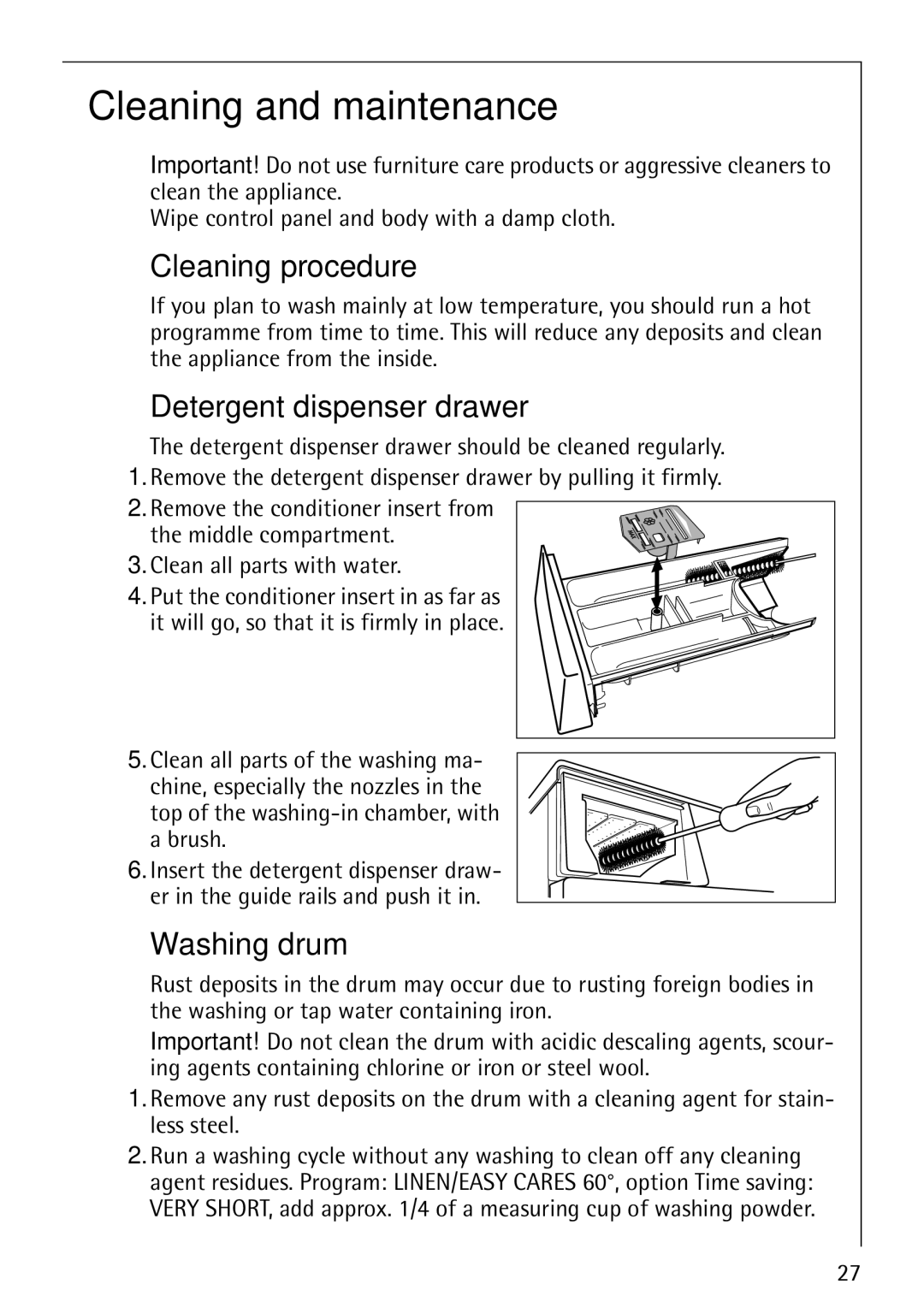 Electrolux 88810 manual Cleaning and maintenance, Cleaning procedure, Detergent dispenser drawer, Washing drum 