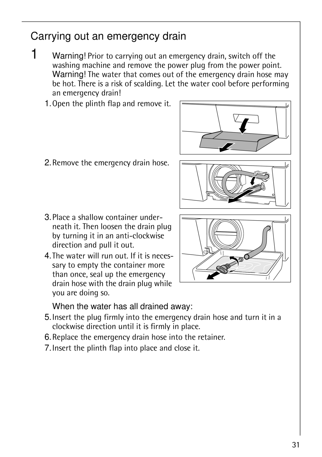 Electrolux 88810 manual Carrying out an emergency drain, When the water has all drained away 