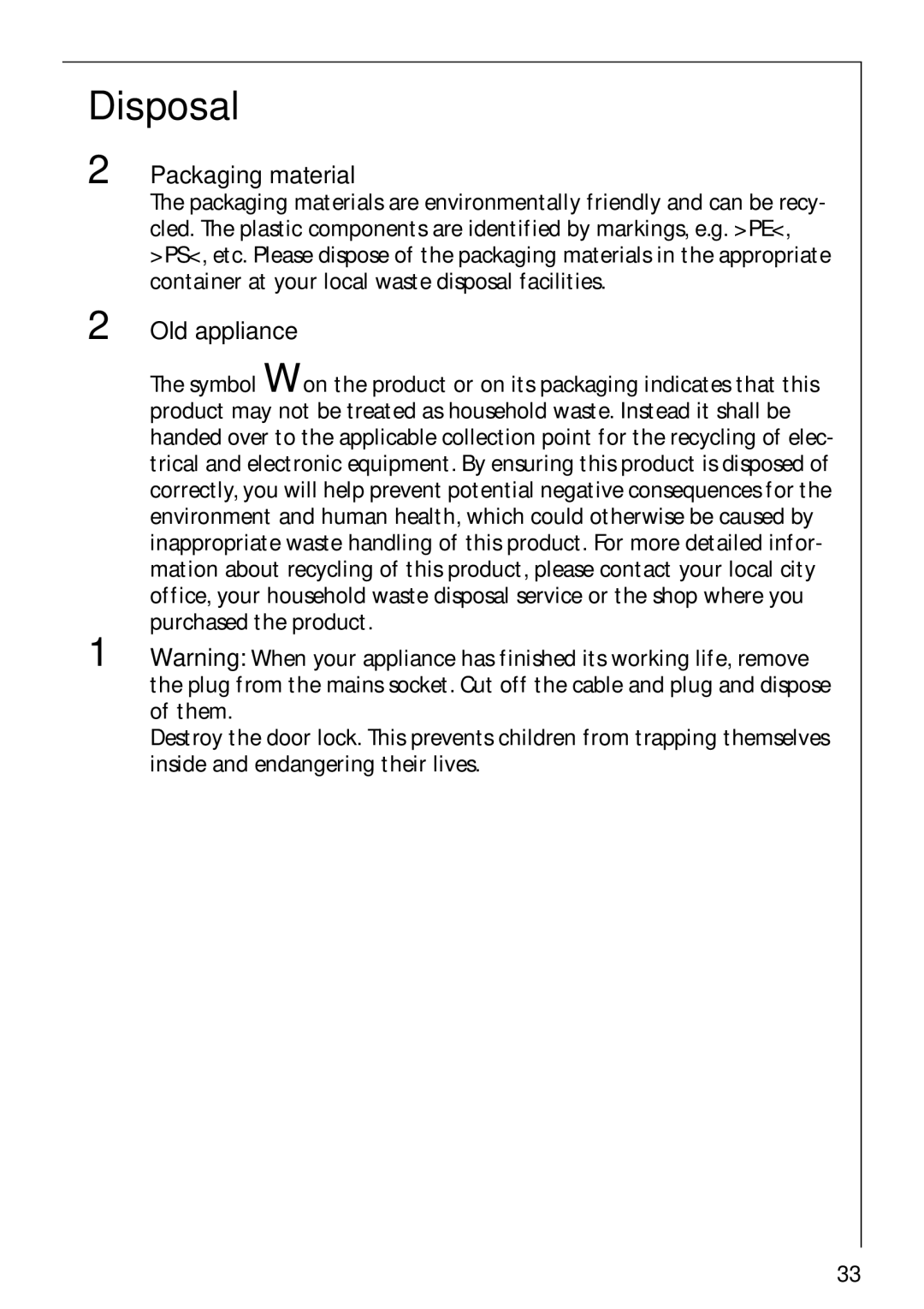 Electrolux 88810 manual Disposal, Packaging material, Old appliance 