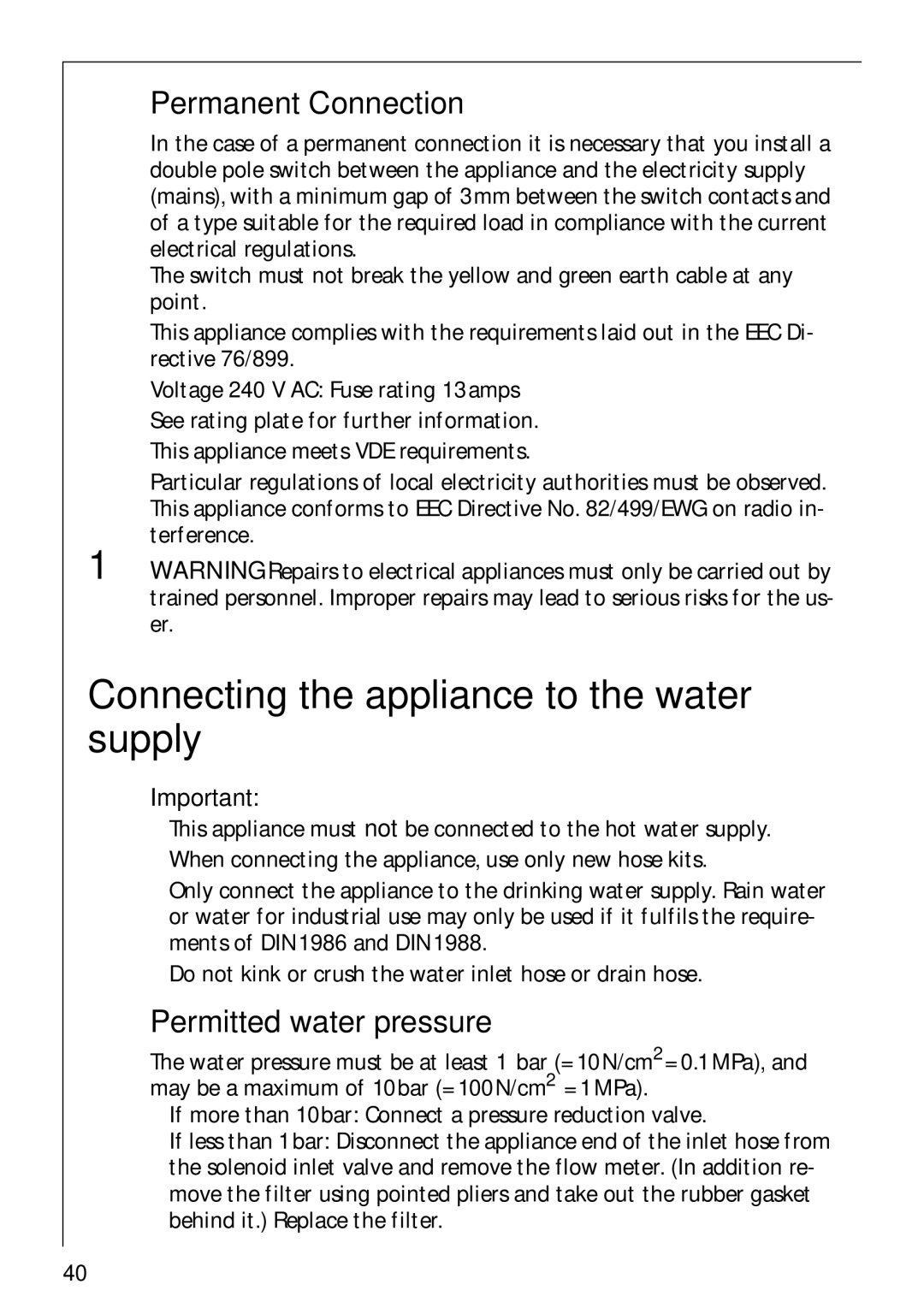 Electrolux 88810 manual Connecting the appliance to the water supply, Permanent Connection, Permitted water pressure 