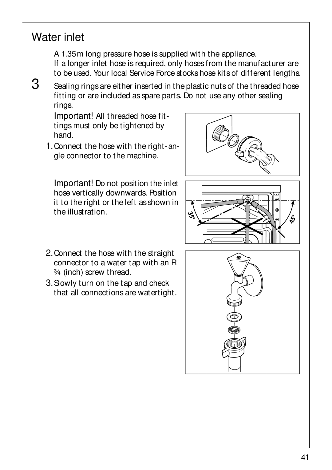 Electrolux 88810 manual Water inlet, 35m long pressure hose is supplied with the appliance 