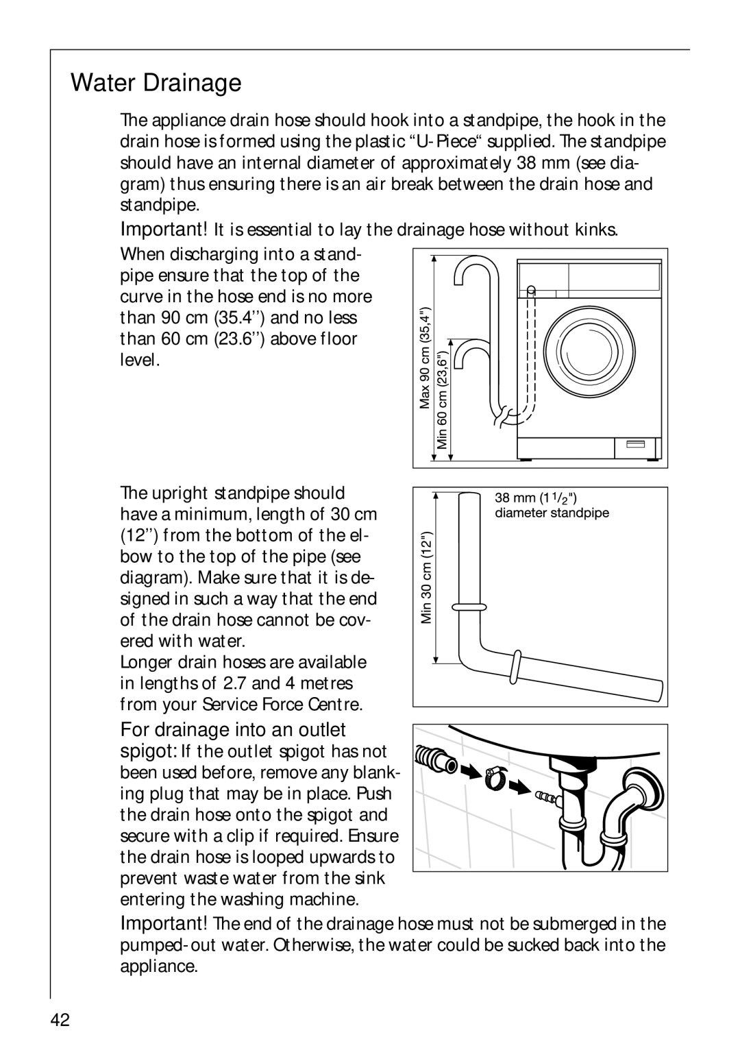 Electrolux 88810 manual Water Drainage, From your Service Force Centre, For drainage into an outlet 