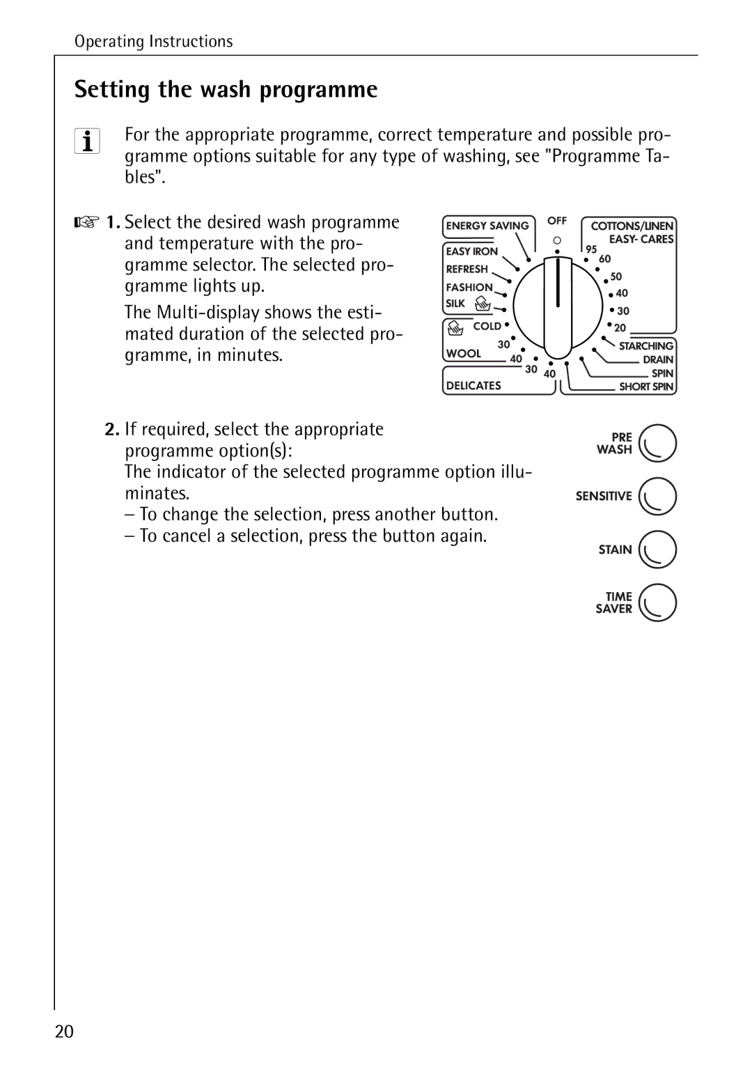 Electrolux 88840 manual Setting the wash programme, Bles 