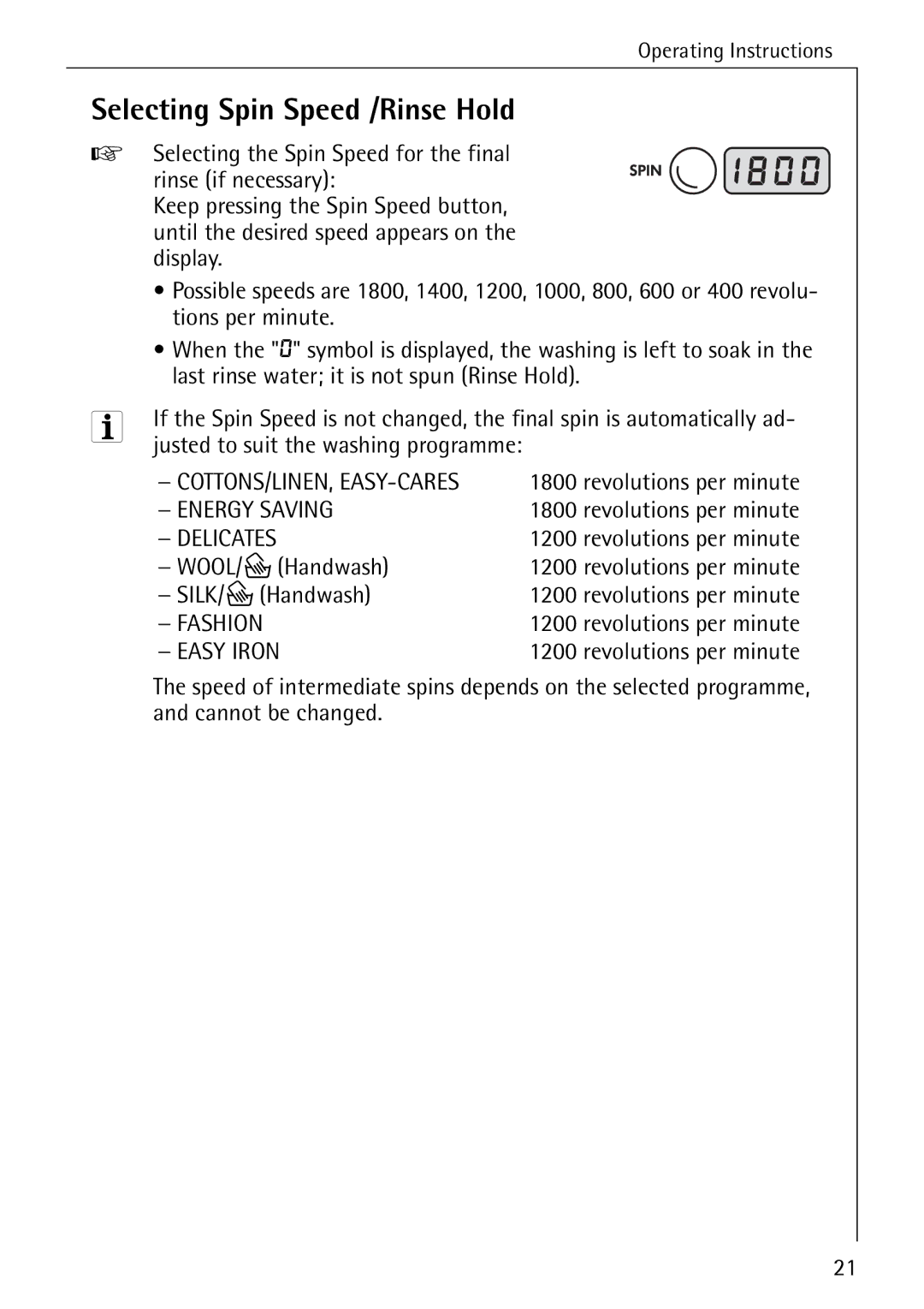 Electrolux 88840 manual Selecting Spin Speed /Rinse Hold, WOOL/PHandwash, SILK/PHandwash, Cannot be changed 