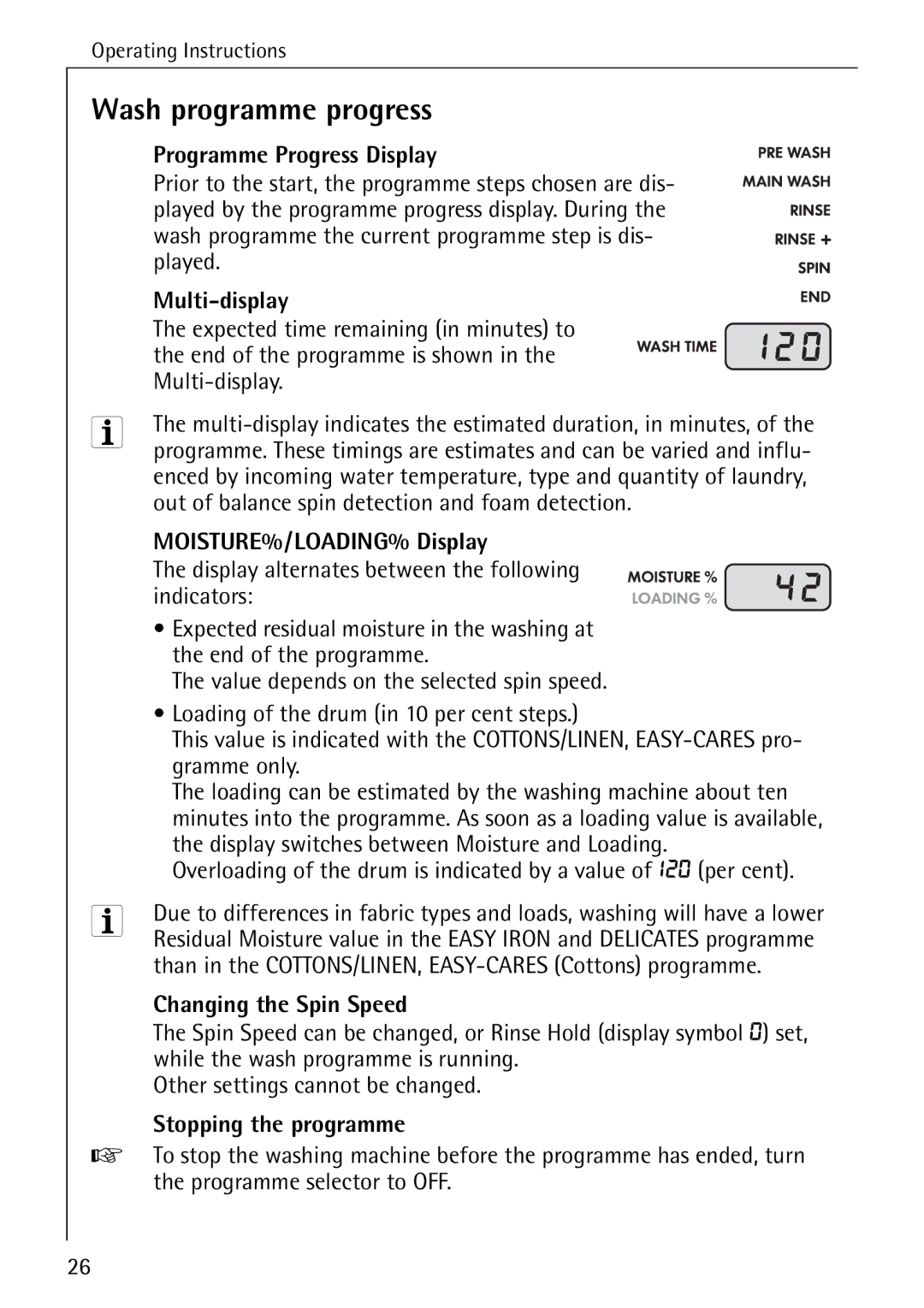 Electrolux 88840 manual Wash programme progress 