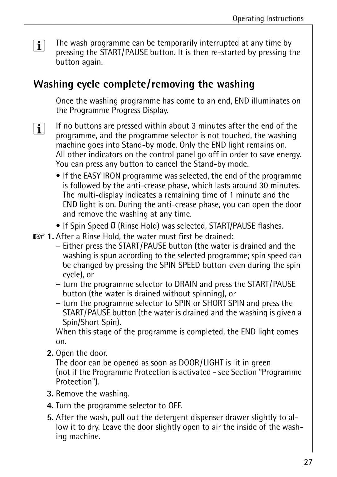 Electrolux 88840 manual Washing cycle complete/removing the washing, Programme Progress Display 