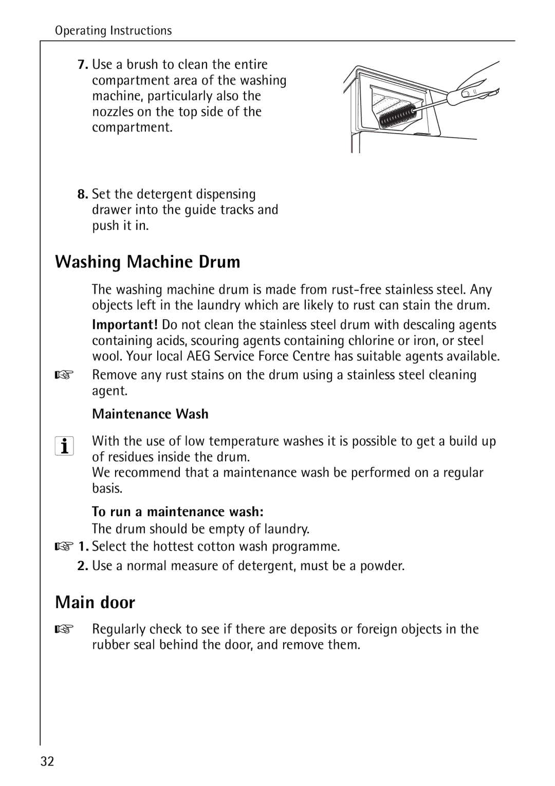 Electrolux 88840 Washing Machine Drum, Main door, Maintenance Wash, Residues inside the drum, To run a maintenance wash 