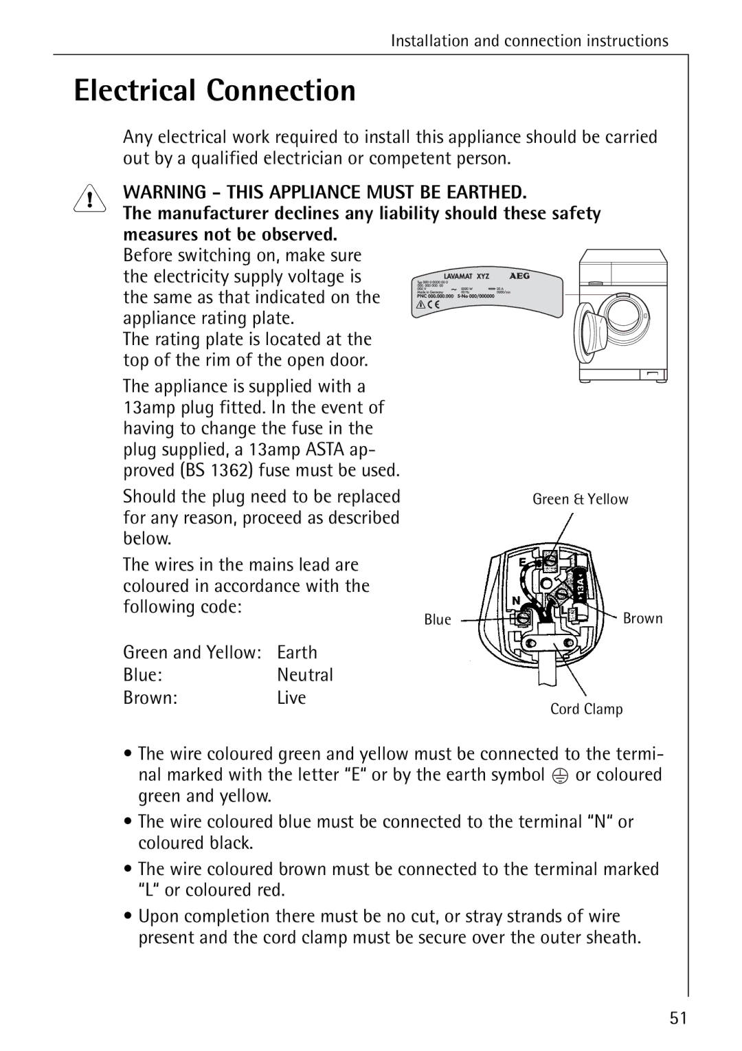 Electrolux 88840 manual Electrical Connection, Measures not be observed, Earth Blue Neutral Brown Live 