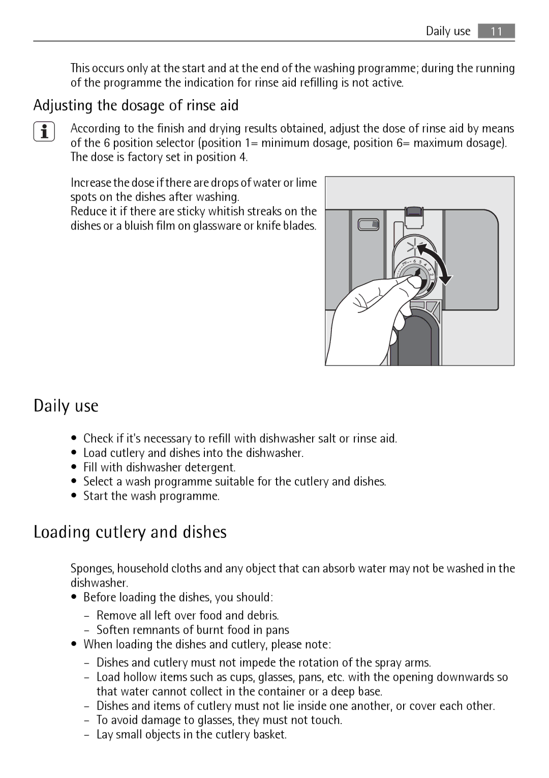 Electrolux 89020 I user manual Daily use, Loading cutlery and dishes, Adjusting the dosage of rinse aid 