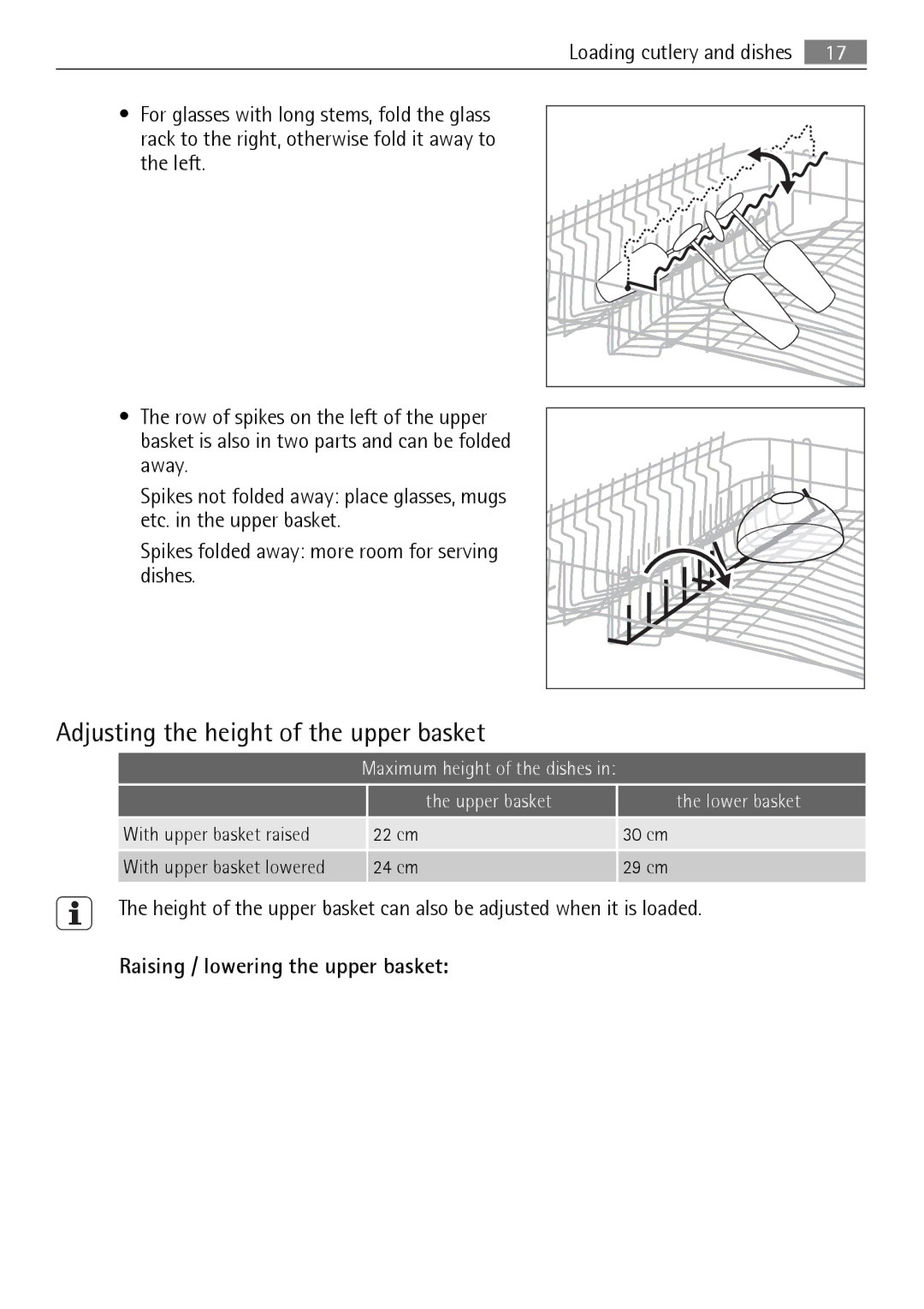 Electrolux 89020 I Adjusting the height of the upper basket, Maximum height of the dishes Upper basket Lower basket 