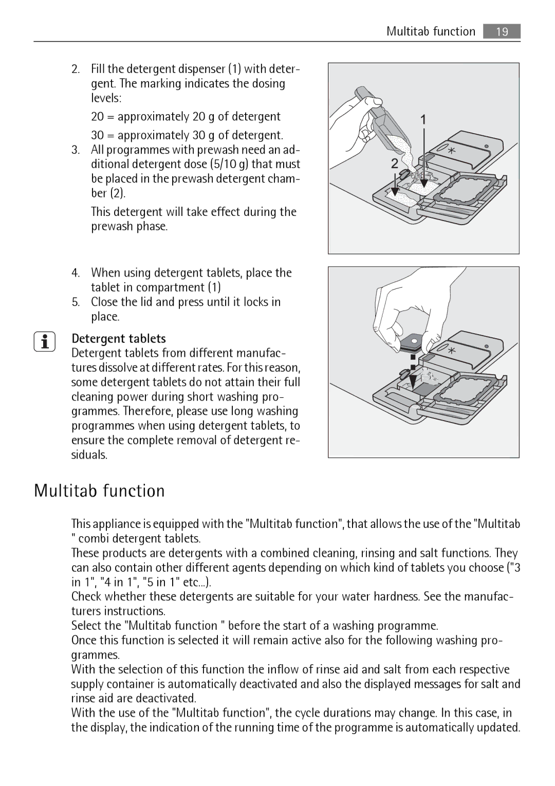 Electrolux 89020 I user manual Multitab function, Detergent tablets 