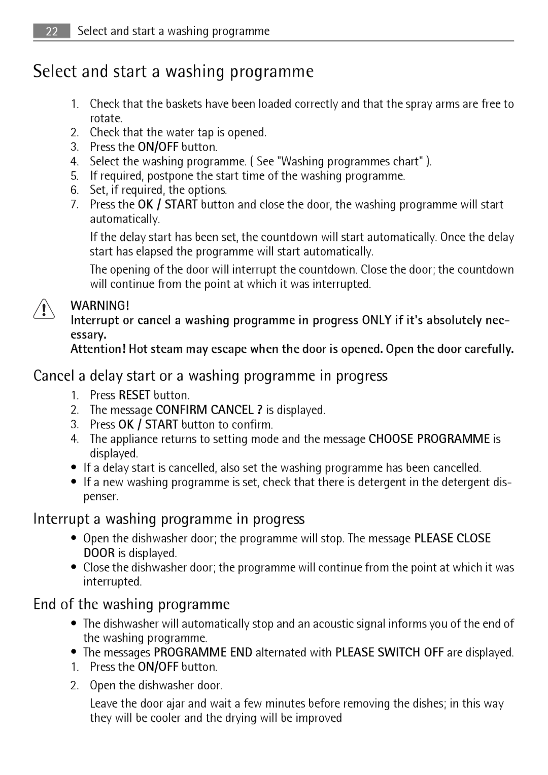 Electrolux 89020 I Select and start a washing programme, Cancel a delay start or a washing programme in progress 