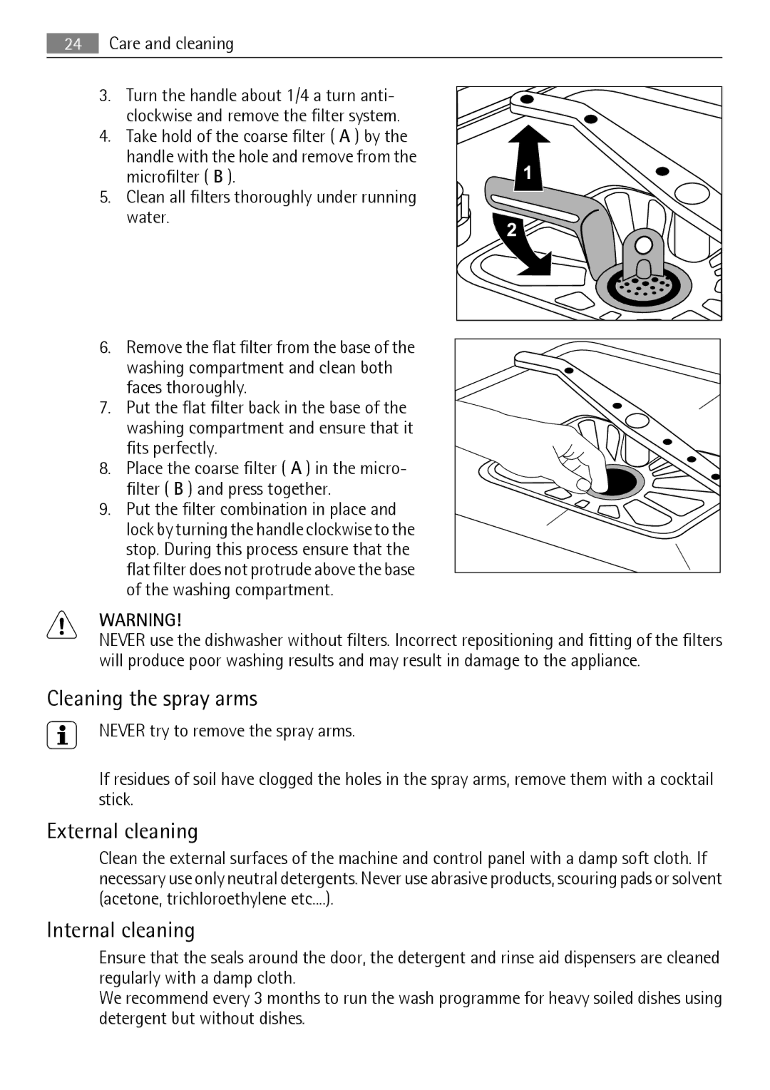 Electrolux 89020 I user manual Cleaning the spray arms, External cleaning, Internal cleaning, Care and cleaning 