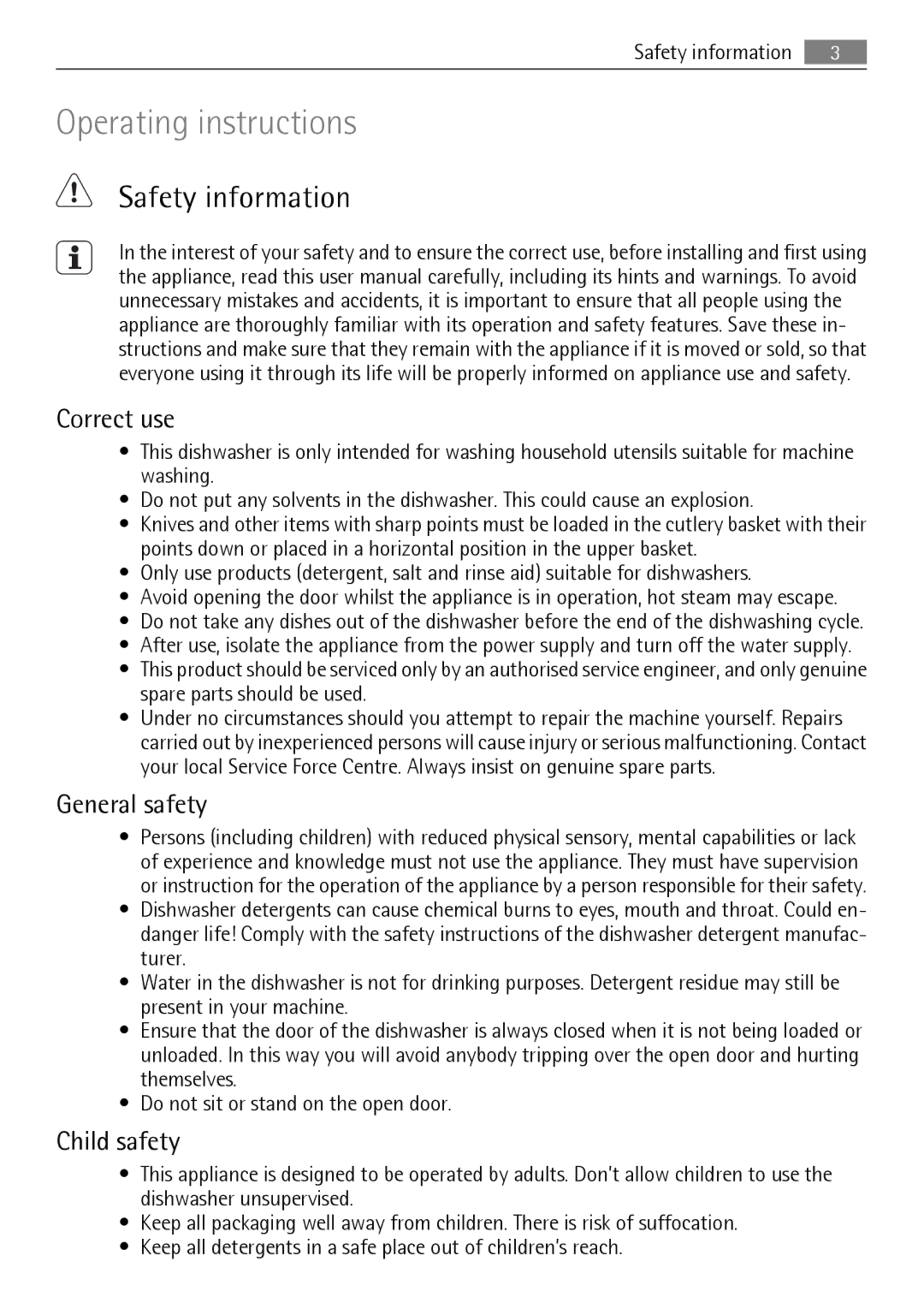 Electrolux 89020 I user manual Safety information, Correct use, General safety, Child safety 