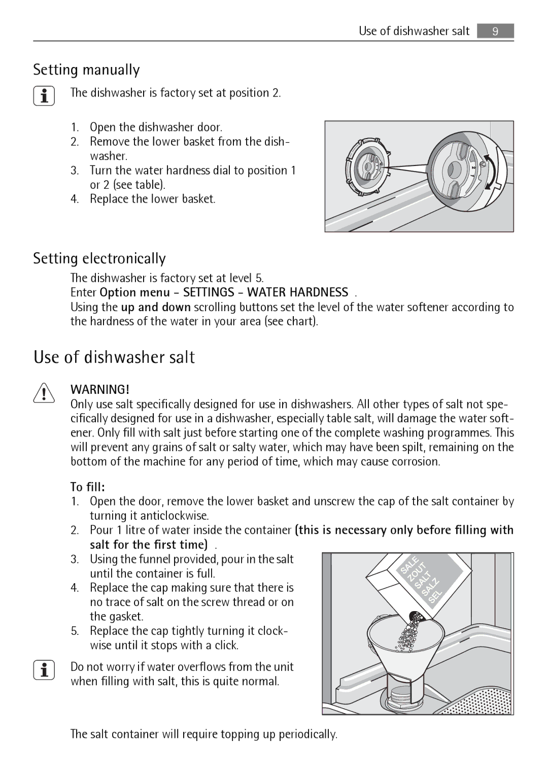 Electrolux 89020 I Use of dishwasher salt, Setting manually, Setting electronically, Dishwasher is factory set at level 