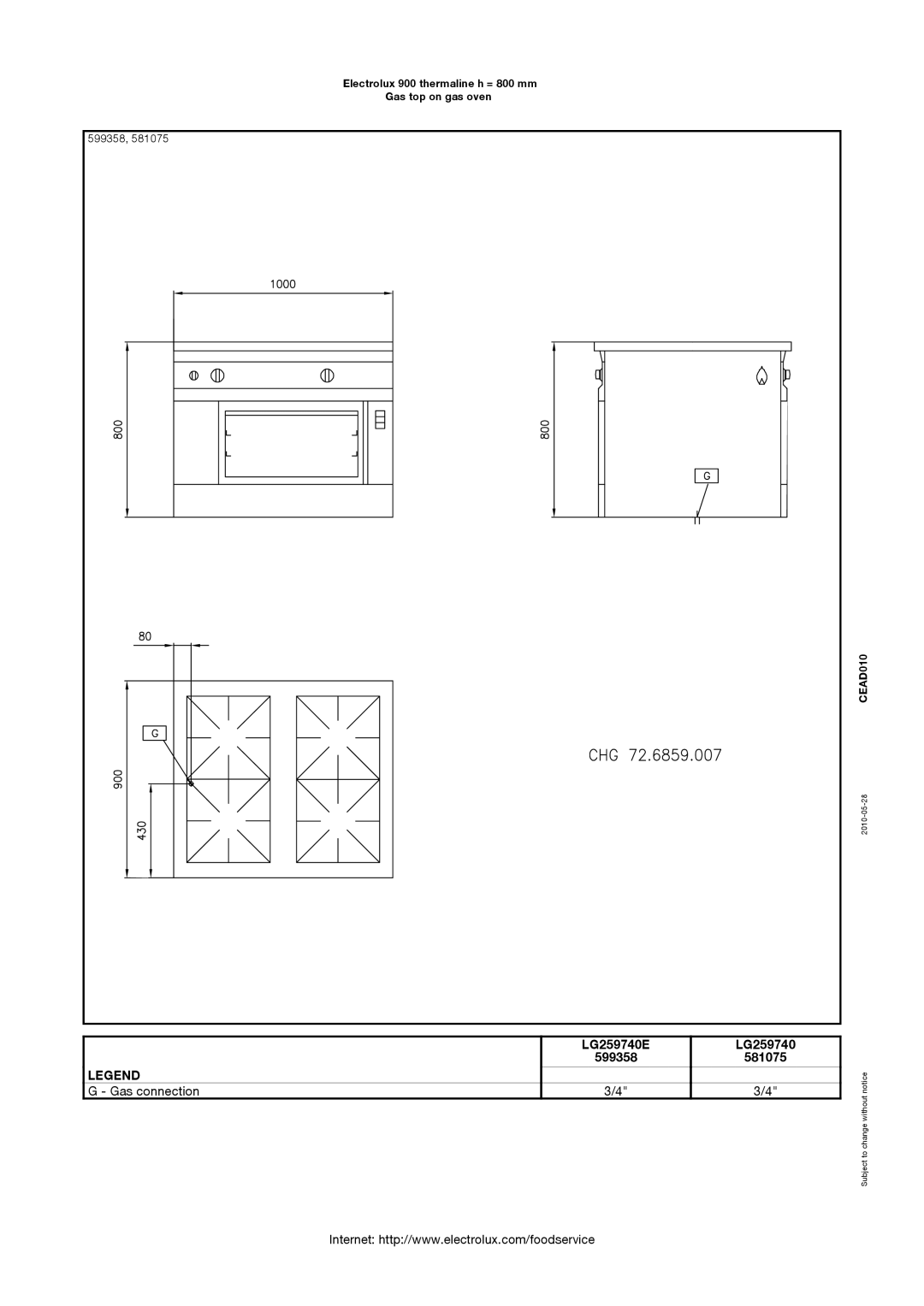 Electrolux 900 manual LG259740E 599358 581075 Gas connection 