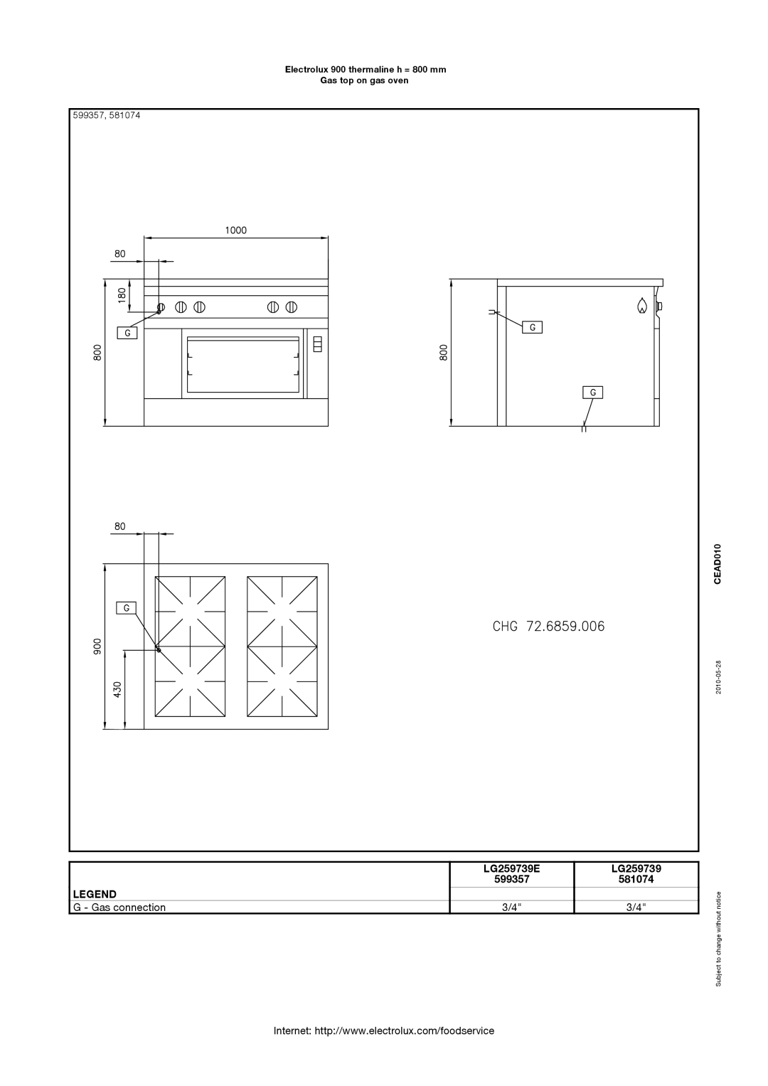 Electrolux 900 manual LG259739E 599357 581074 Gas connection 