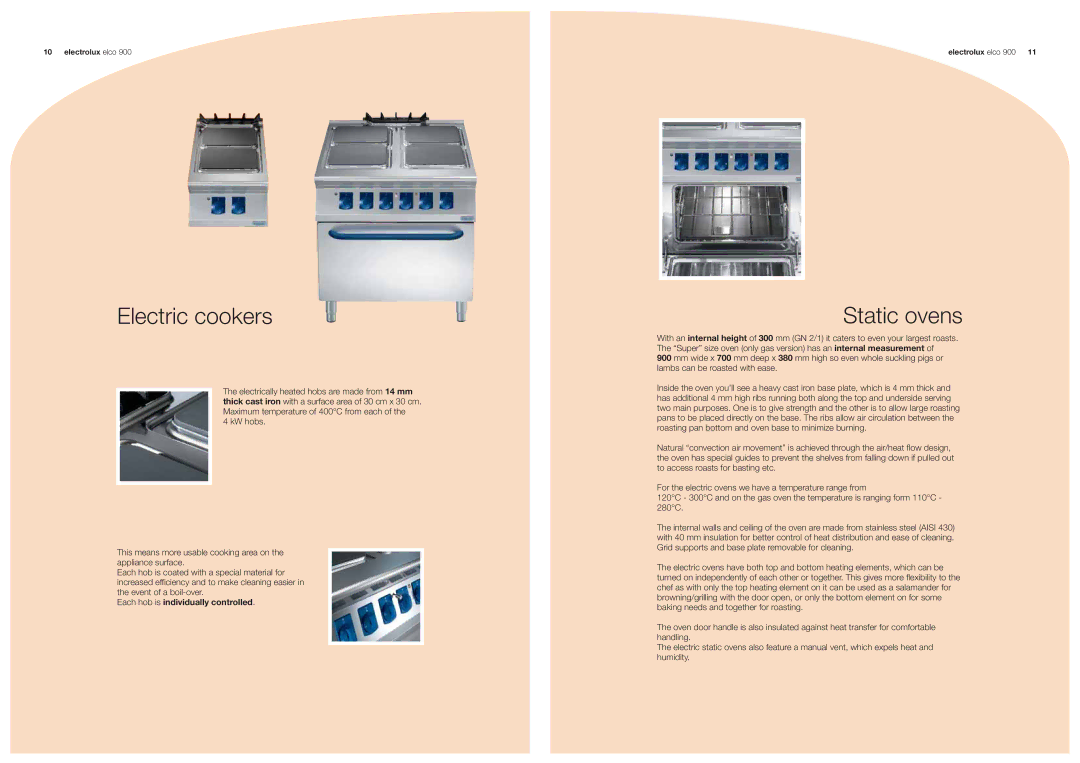 Electrolux 900 manual Electric cookers, Static ovens 