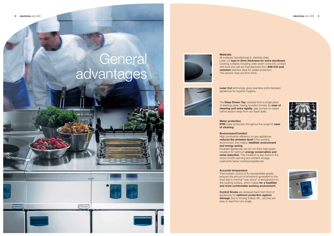 Electrolux 900 manual General advantages, Materials, Water protection, Environment/Comfort, Accurate temperature 
