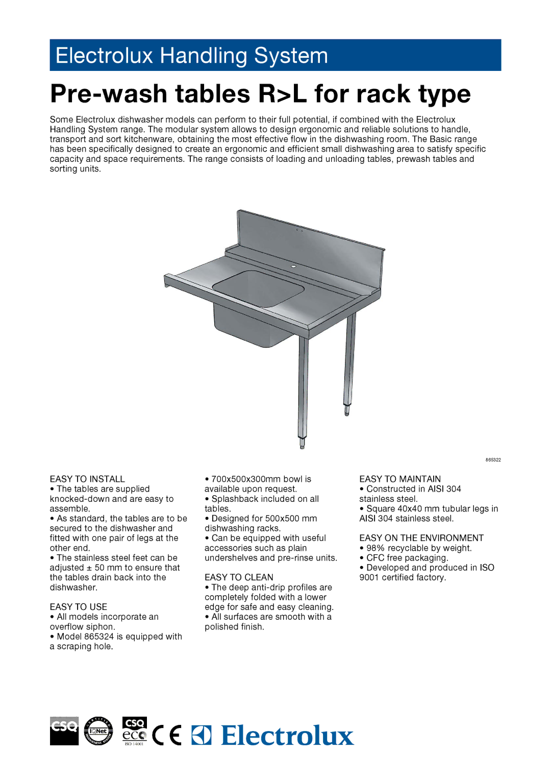 Electrolux 9000 manual Pre-wash tables RL for rack type 