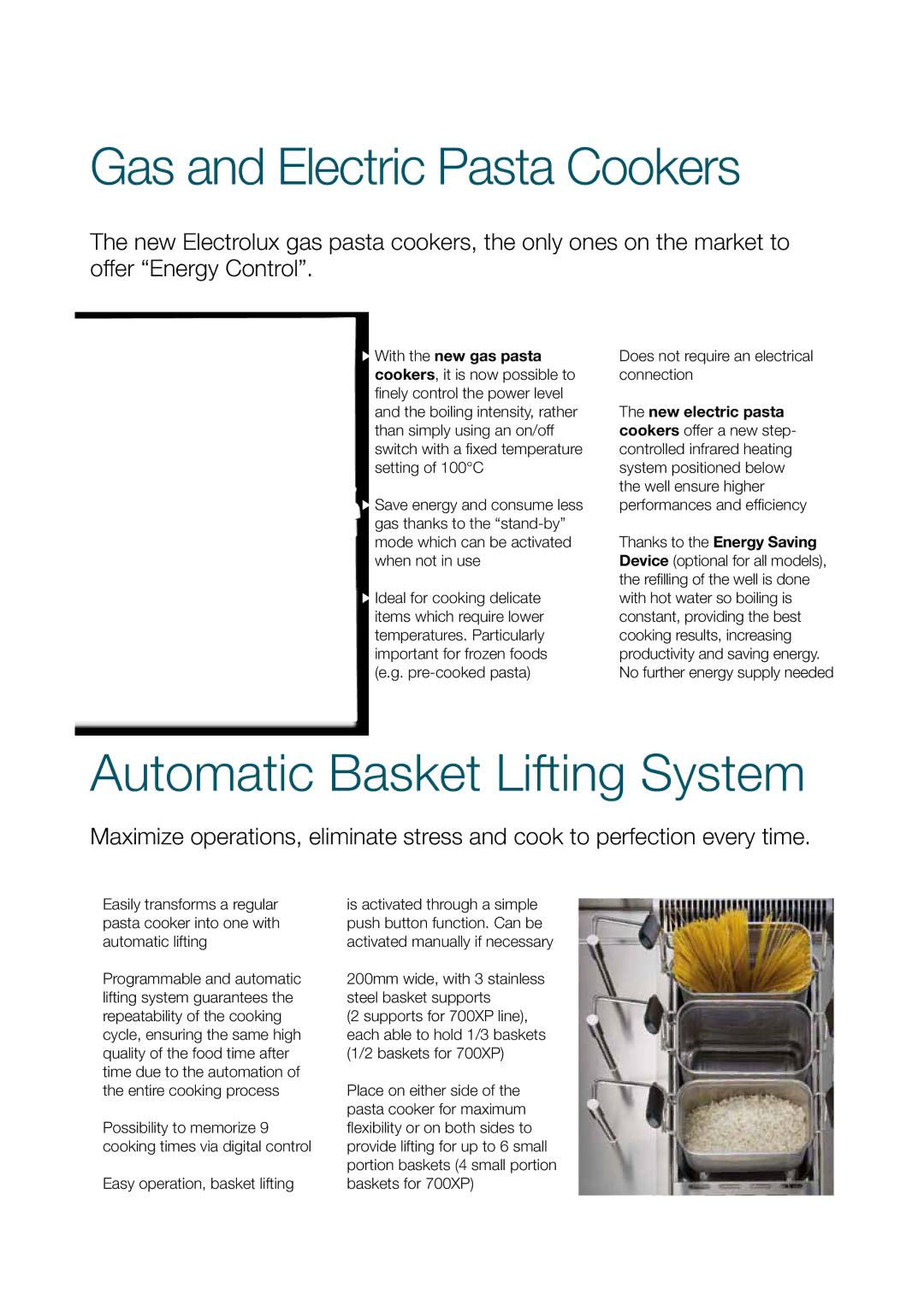 Electrolux 900XP, 700XP manual Gas and Electric Pasta Cookers, Automatic Basket Lifting System 