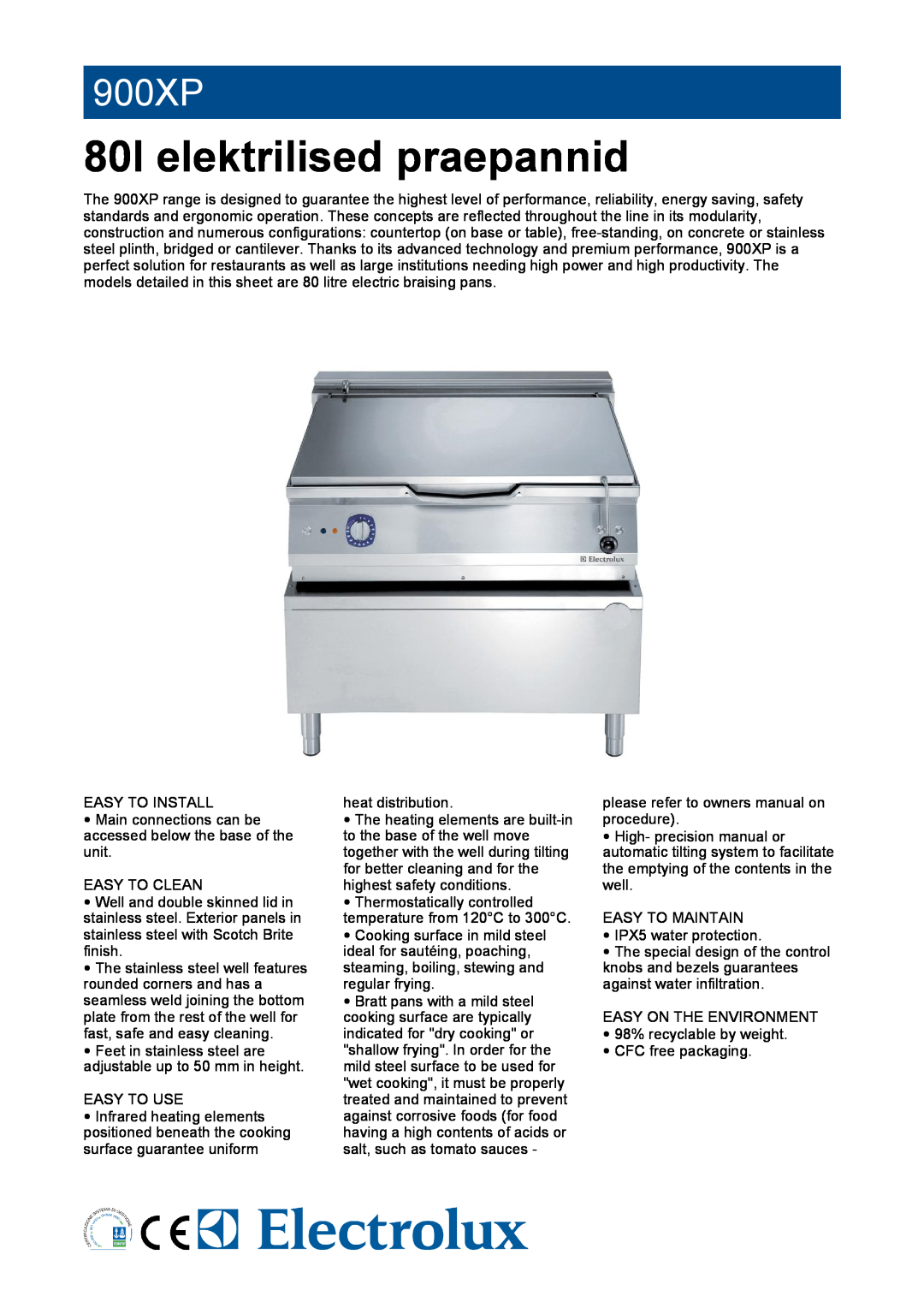 Electrolux 900XP manual Electric pasta cookers, institutions needing high power and productivity. The 
