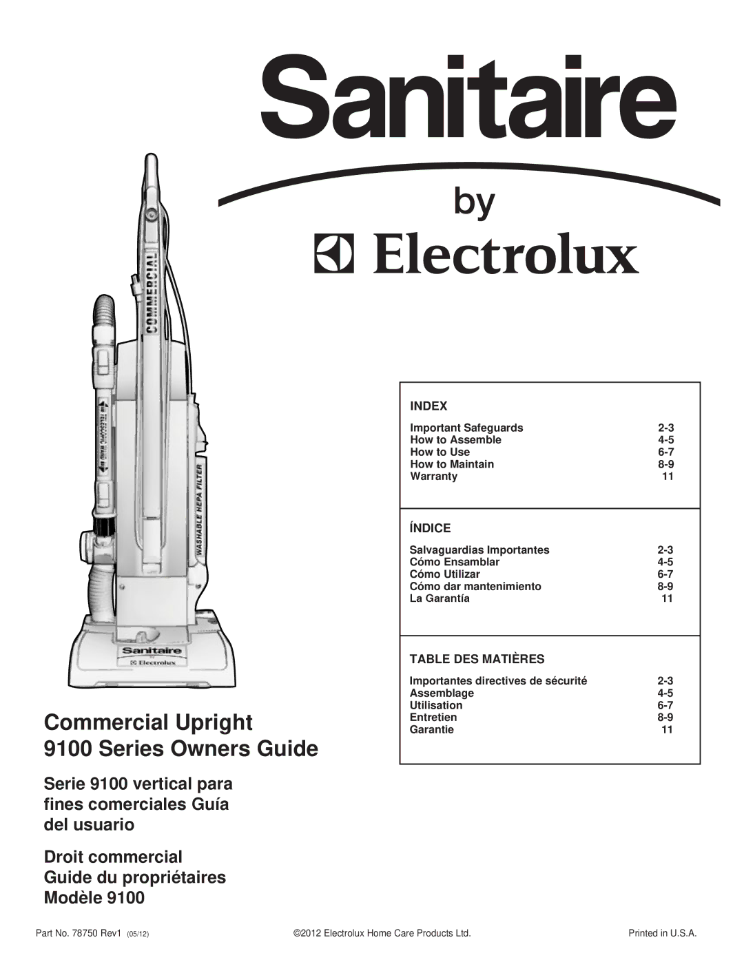 Electrolux 9100 warranty Commercial Upright Series Owners Guide, Index, Índice, Table DES Matières 