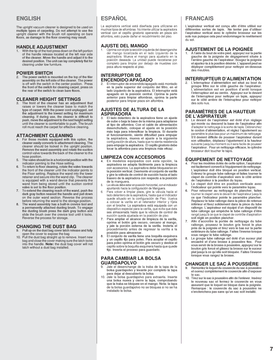 Electrolux 9100 Handle Adjustment, Power Switch, Cleaner Height Settings, Ajuste DEL Mango, Ajustement DE LA Poignée 