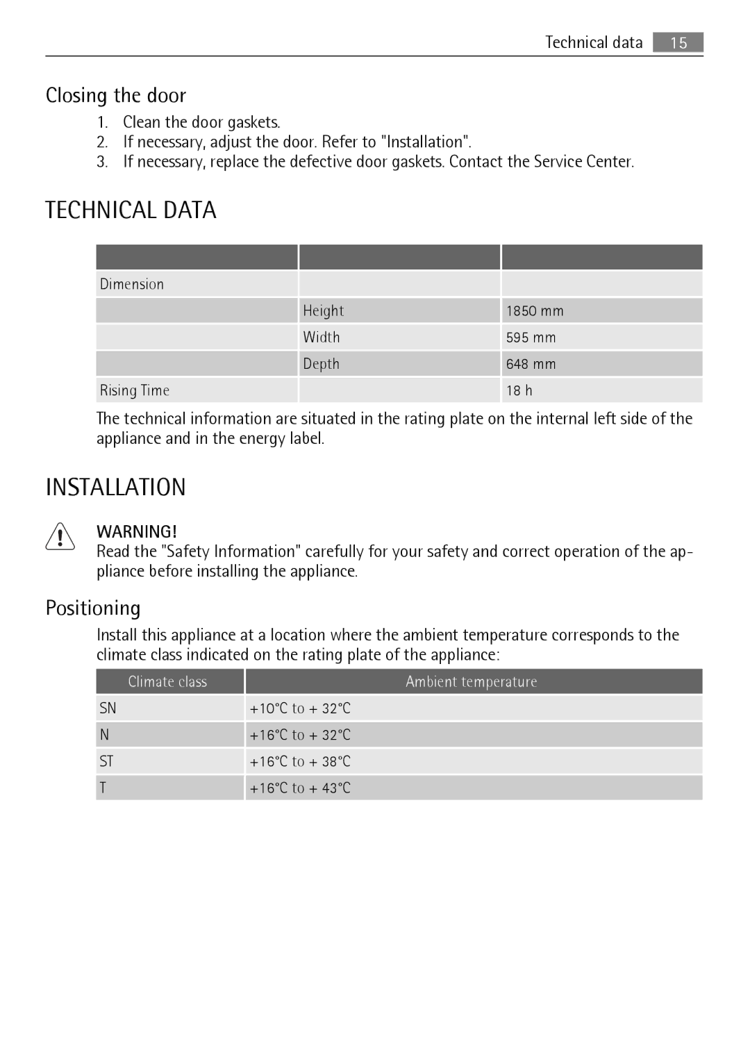 Electrolux 925033134, S75348KG5 user manual Technical Data, Installation, Closing the door, Positioning, Technical data 