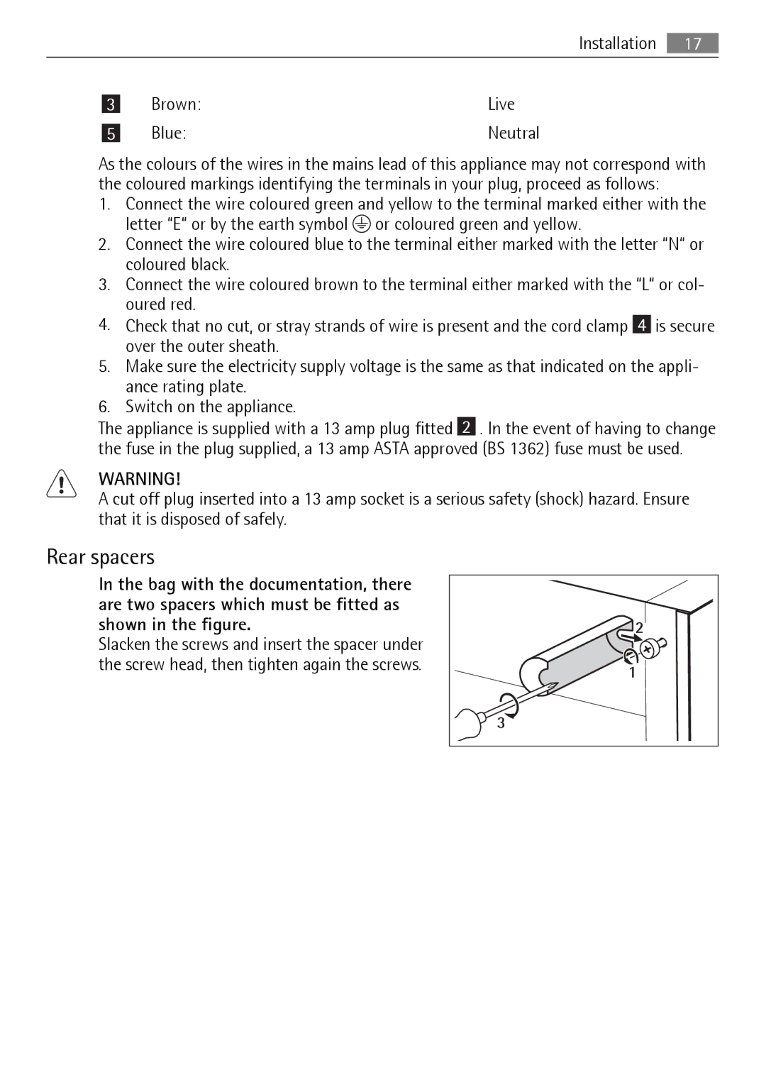 Electrolux 210621236-11052010, 925033134, S75348KG5 user manual Rear spacers, Installation Brown Live Blue 