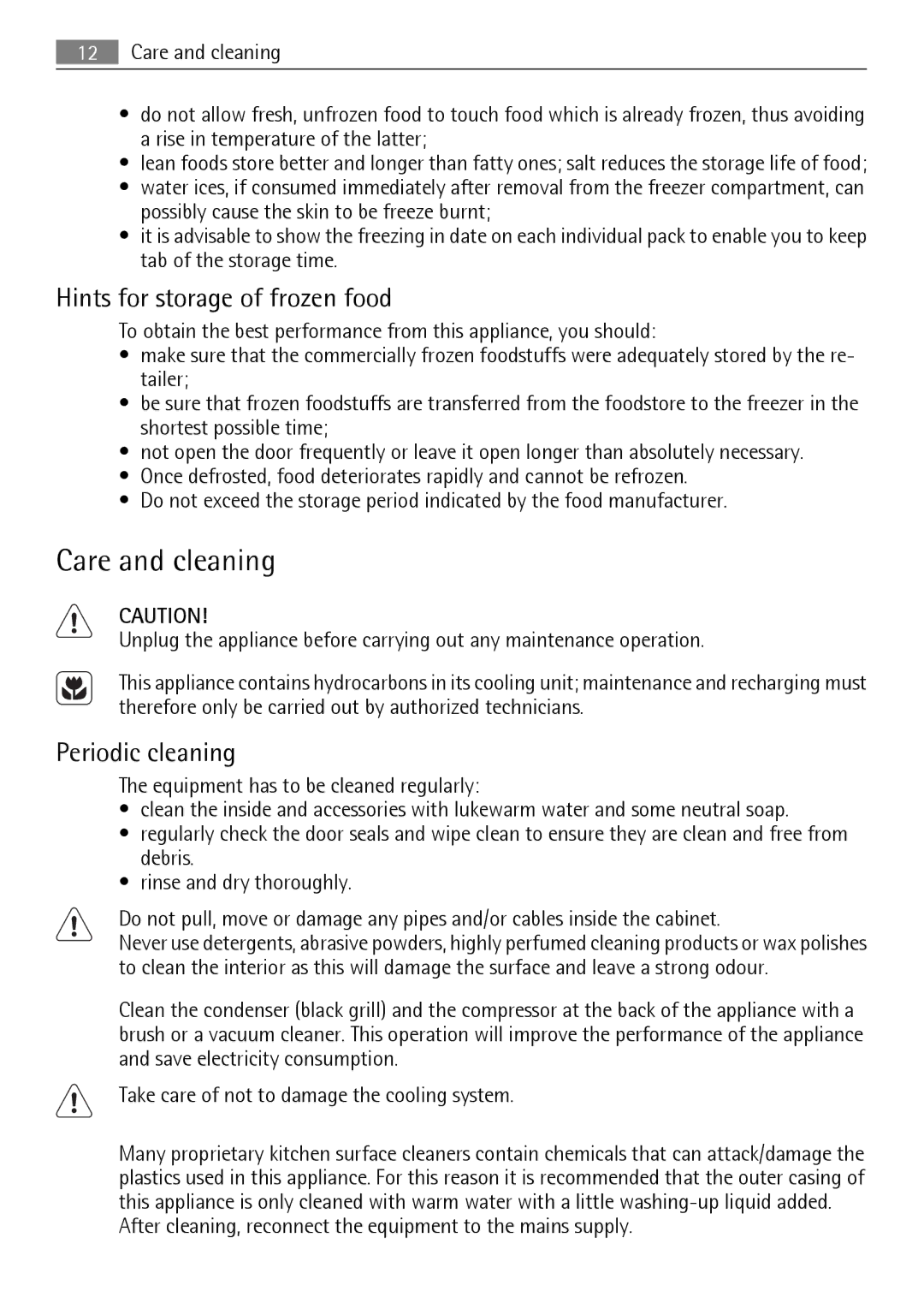 Electrolux 925033685, S75340KG98 user manual Care and cleaning, Hints for storage of frozen food, Periodic cleaning 