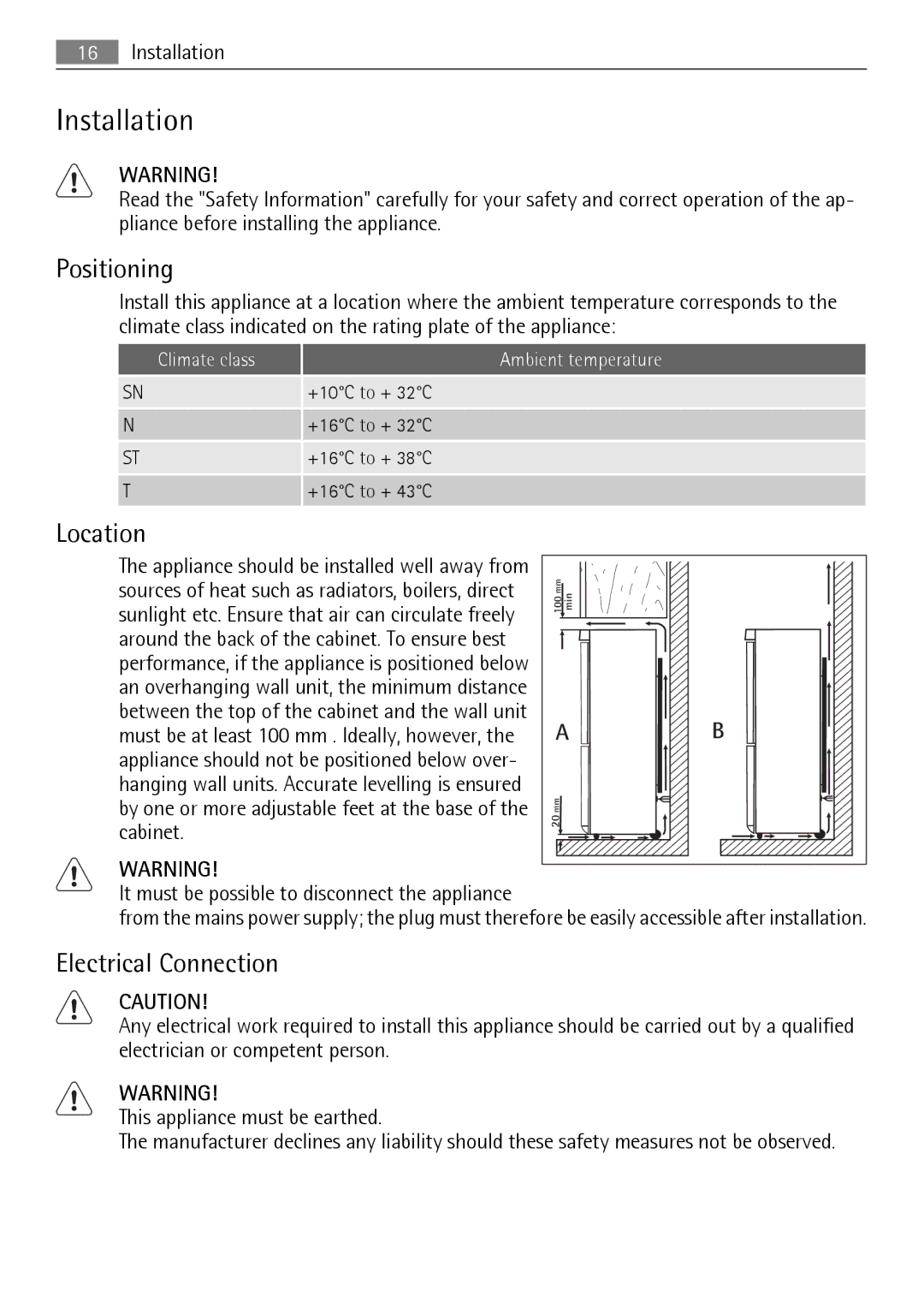 Electrolux 925033685, S75340KG98 user manual Installation, Positioning, Location, Electrical Connection 