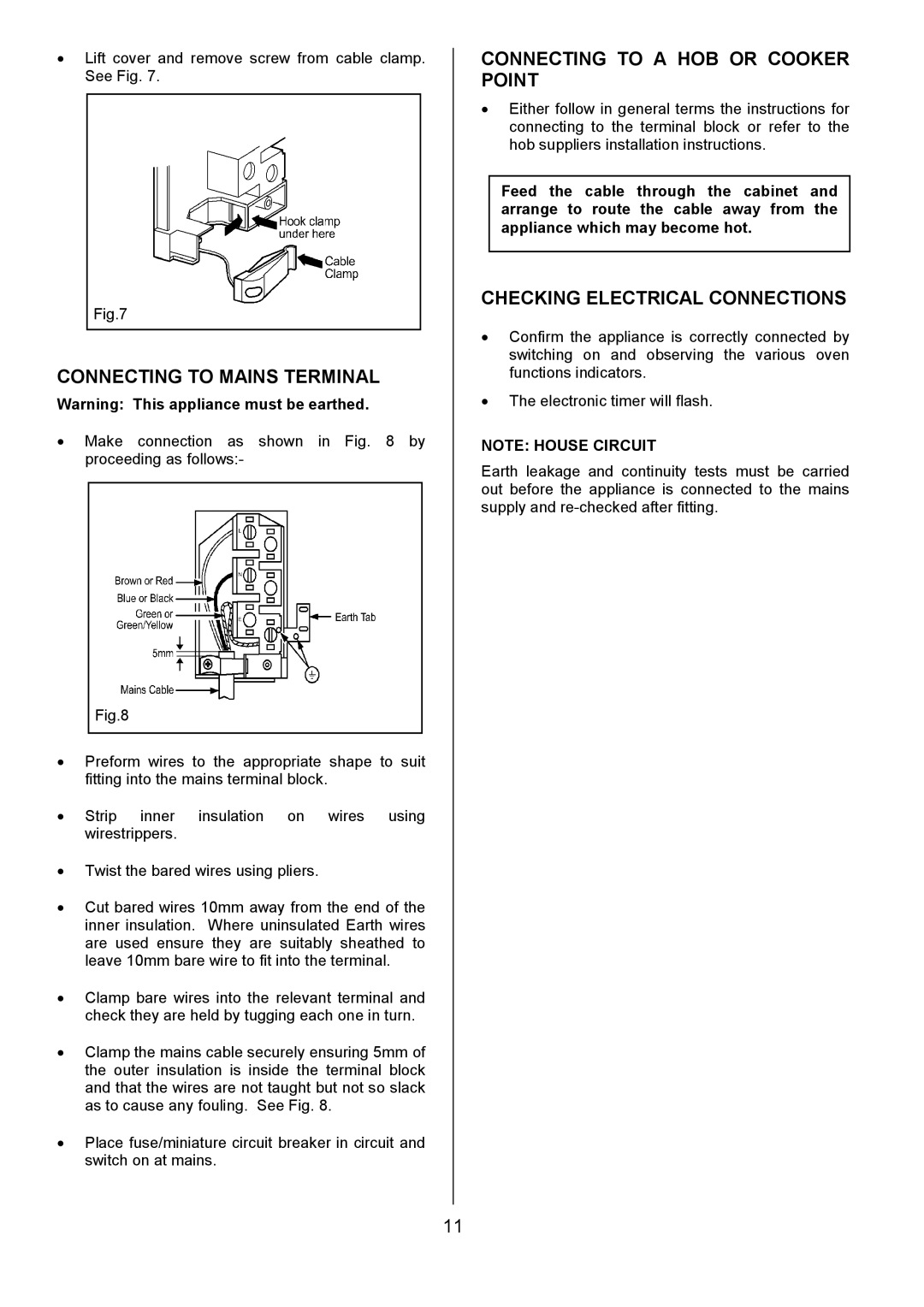 Electrolux 948, 949 Connecting to Mains Terminal, Connecting to a HOB or Cooker Point, Checking Electrical Connections 