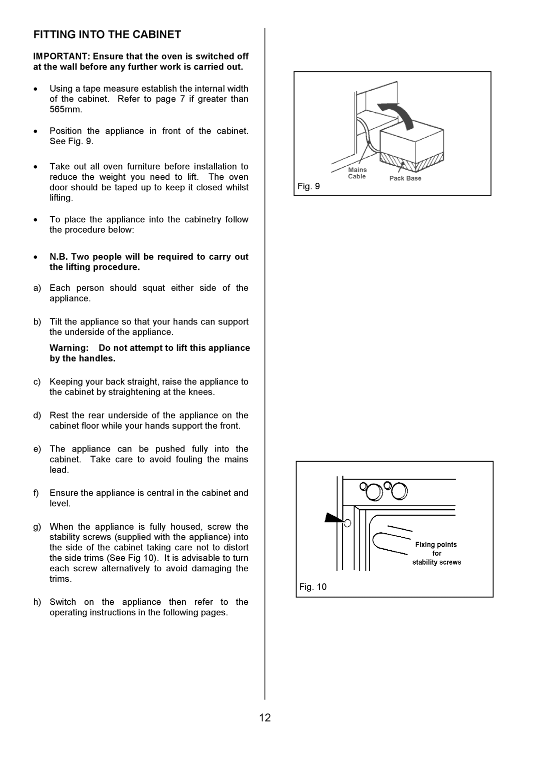 Electrolux 949, 948 manual Fitting Into the Cabinet 