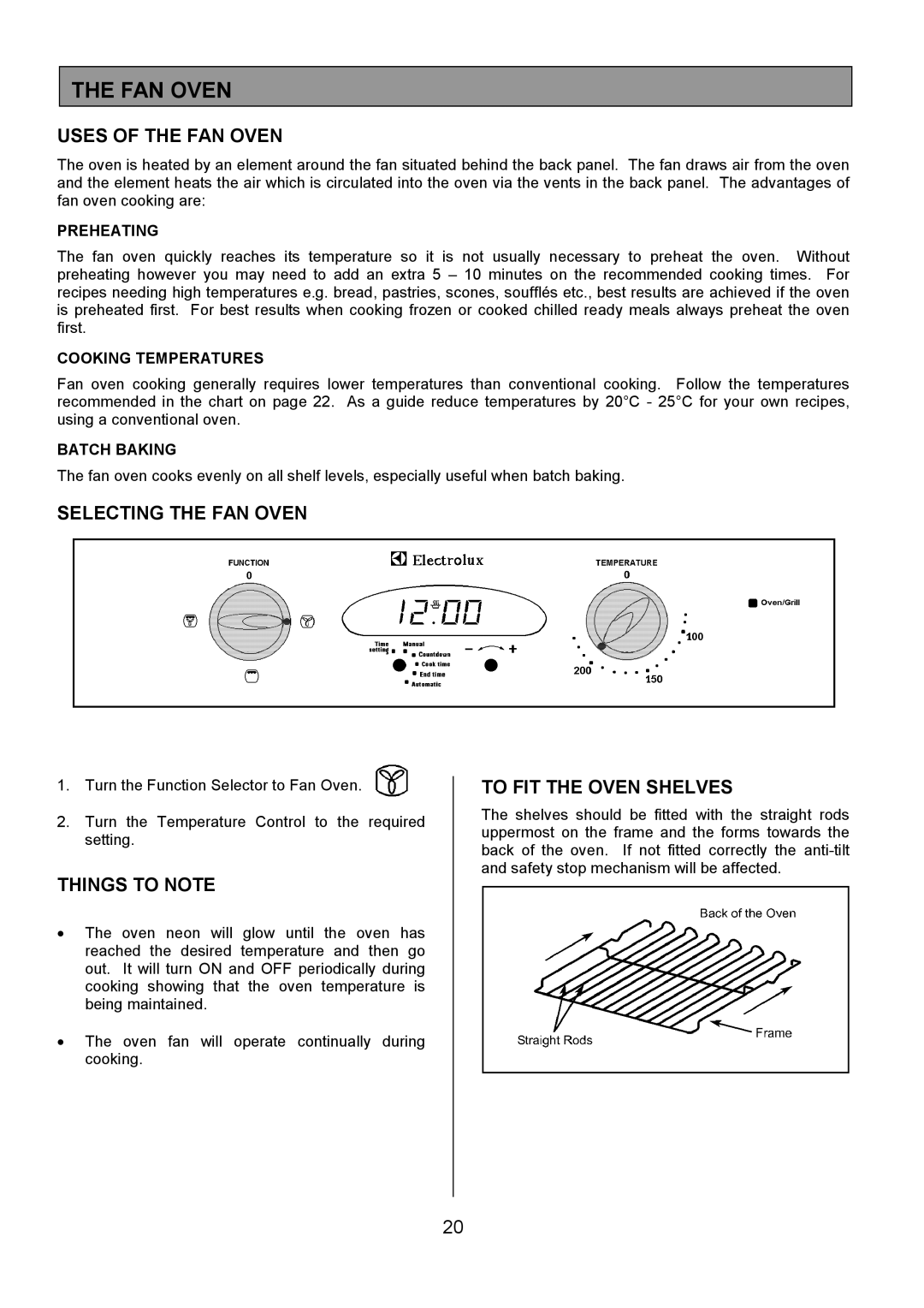 Electrolux 949, 948 manual Uses of the FAN Oven, Selecting the FAN Oven, To FIT the Oven Shelves 