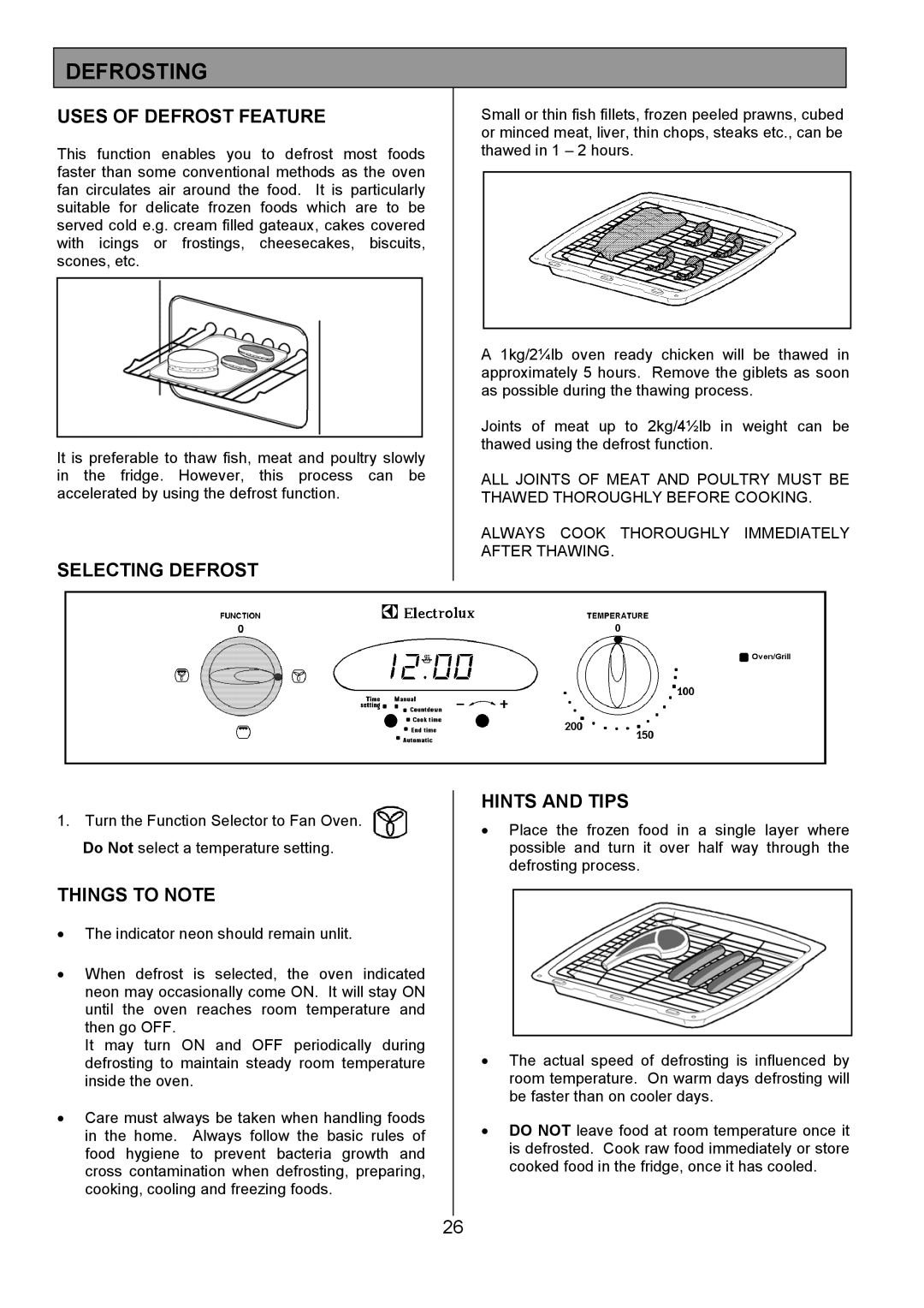 Electrolux 949, 948 manual Defrosting, Uses of Defrost Feature, Selecting Defrost 