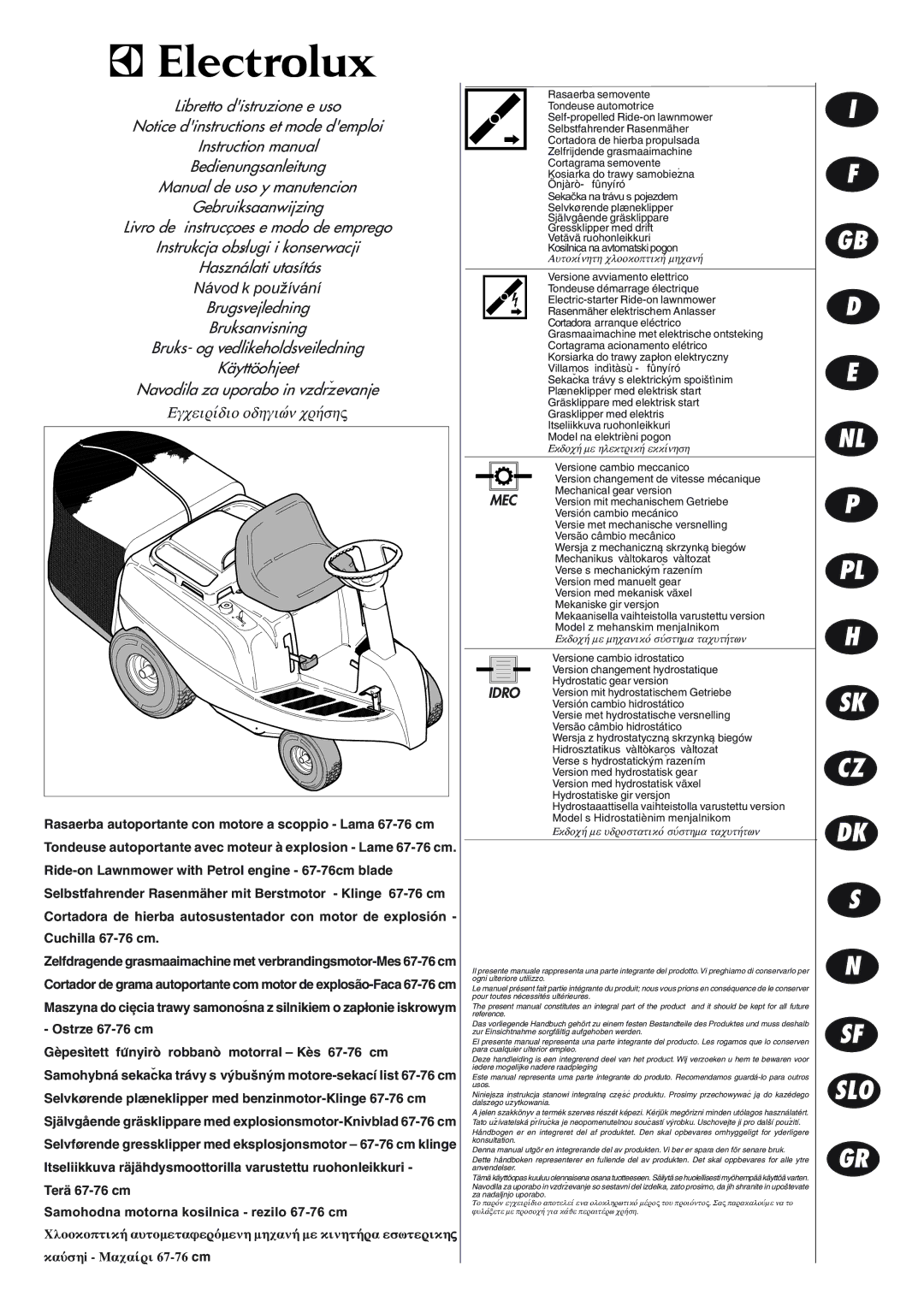 Electrolux 125H, 95387831900 instruction manual Mec, Idro, Samohodna motorna kosilnica rezilo 67-76 cm Me eswterikhς 