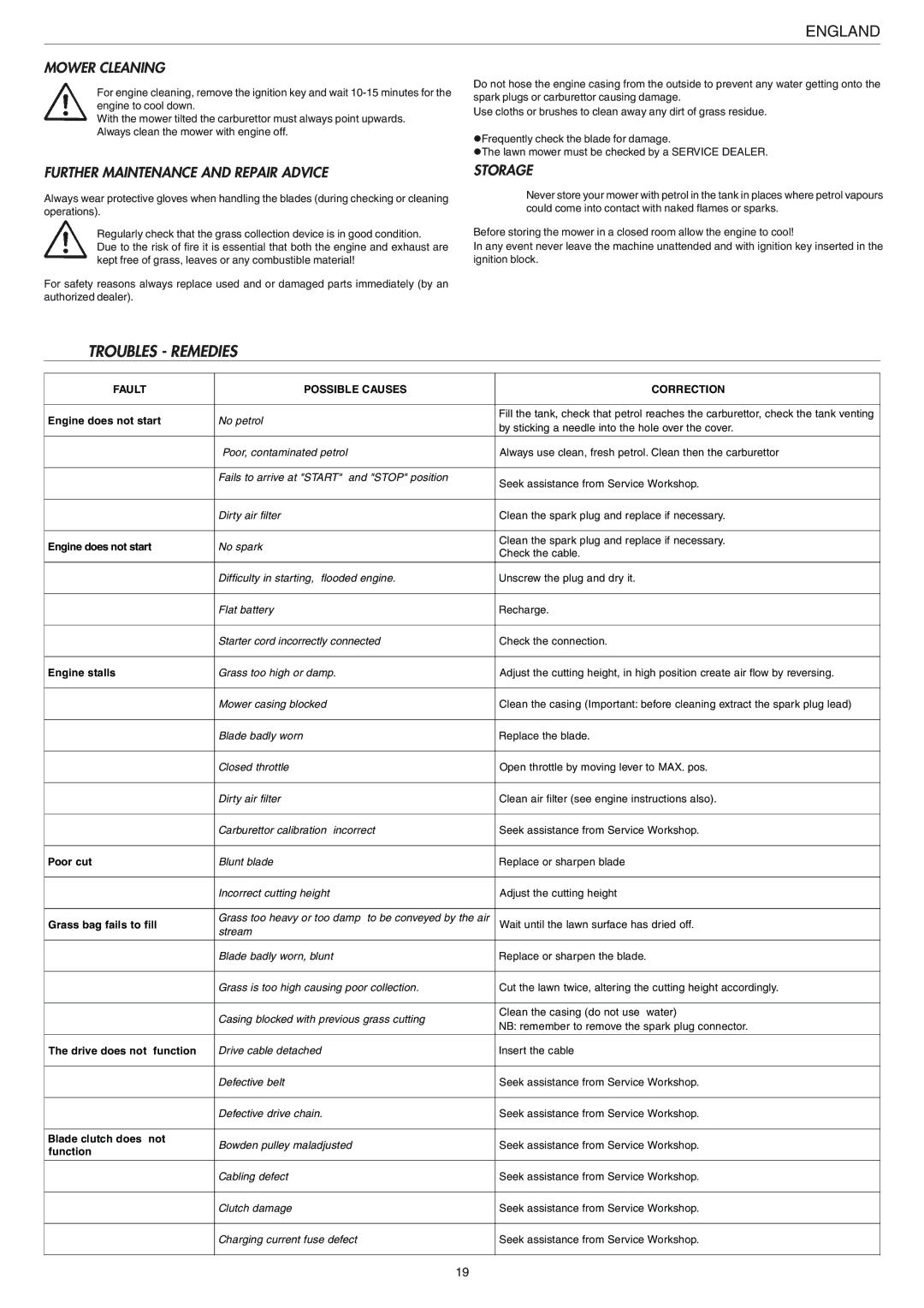 Electrolux 125H, 95387831900 Troubles Remedies, Mower Cleaning, Further Maintenance and Repair Advice, Storage 