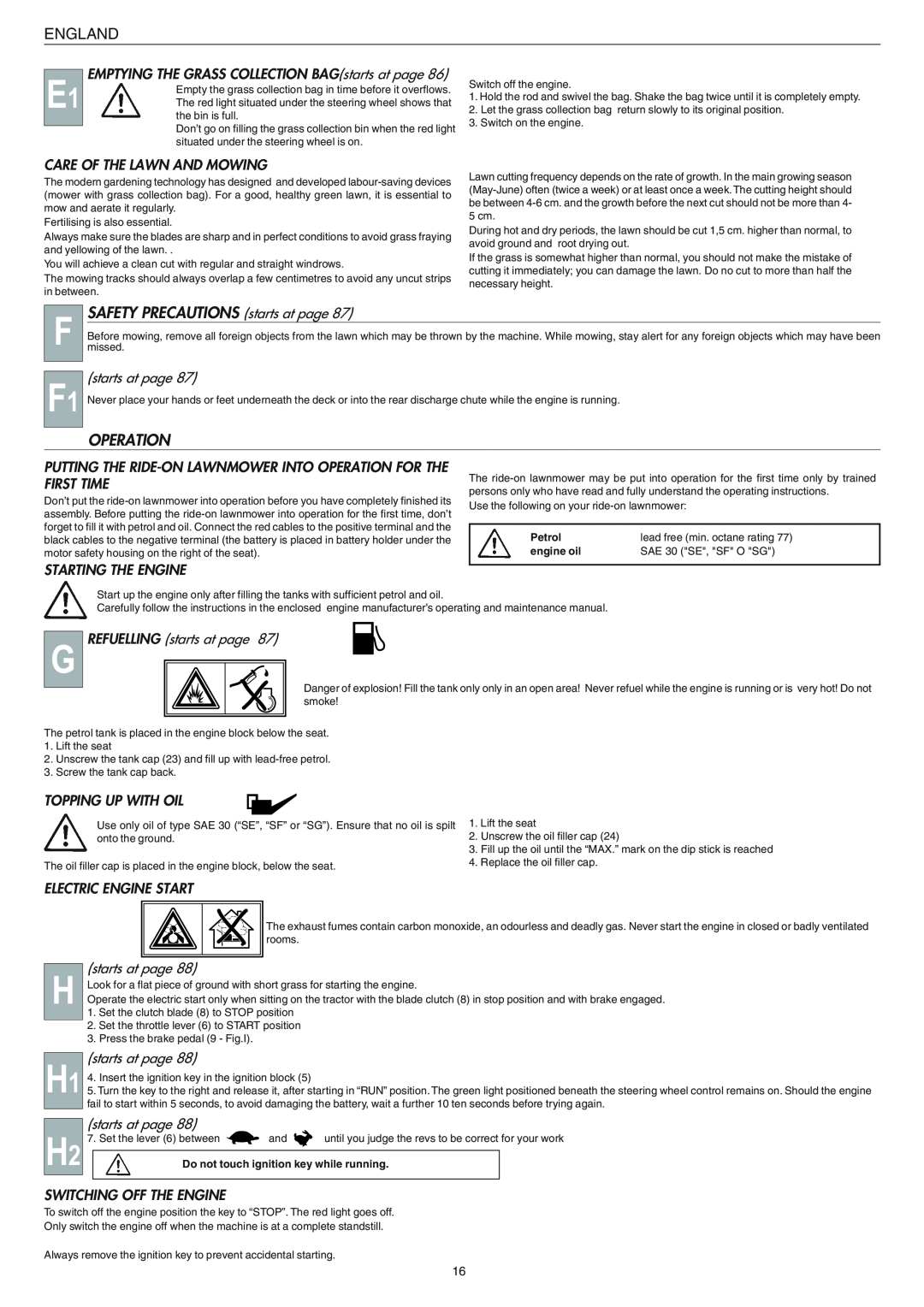 Electrolux 95387831900, 125H instruction manual F F1, SAFETY PRECAUTIONS starts at page, Operation, England 