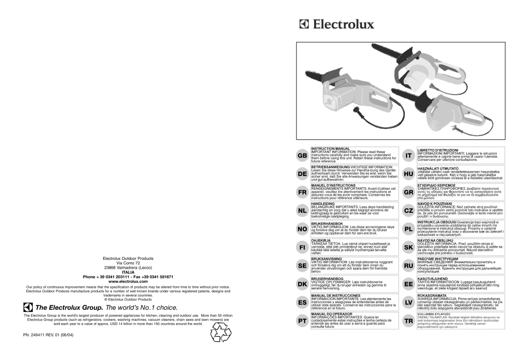 Electrolux 95390036600 manual The Electrolux Group. The world’s No.1 choice, ITALIA Phone + 39 0341 203111 - Fax +39 0341 