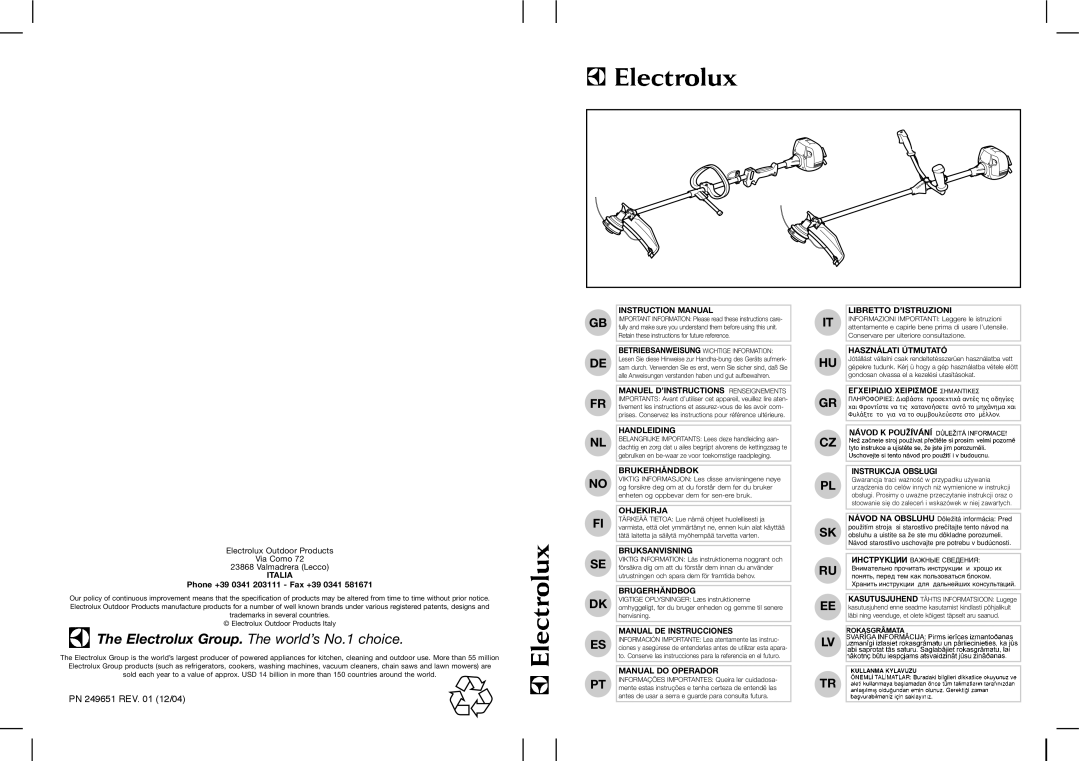 Electrolux 4730X Pro, 95390043800, 3325 instruction manual Electrolux Outdoor Products Via Como Valmadrera Lecco, Italia 