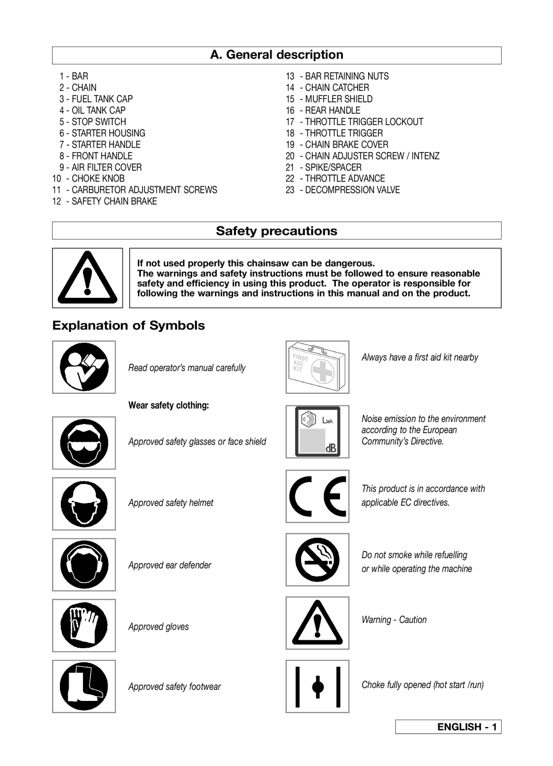 Electrolux 95390028400, 95390048100, 95390036100 General description, Safety precautions, Explanation of Symbols, English 